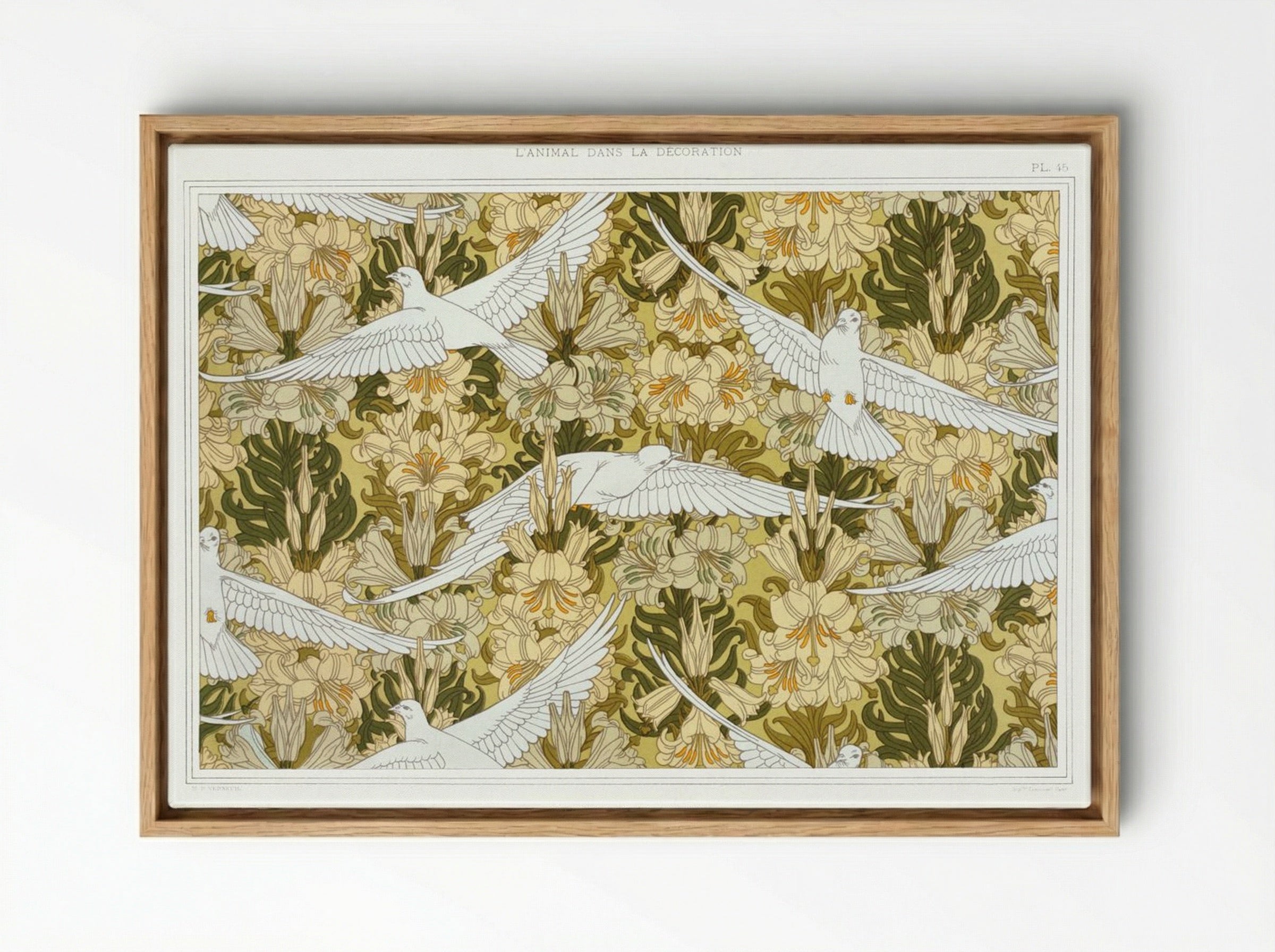 Colombes et Lis, Étoffe Imprimée (Doves and Lilies, Printed Fabric) - Maurice Pillard Verneuil - Framed Canvas Wood
