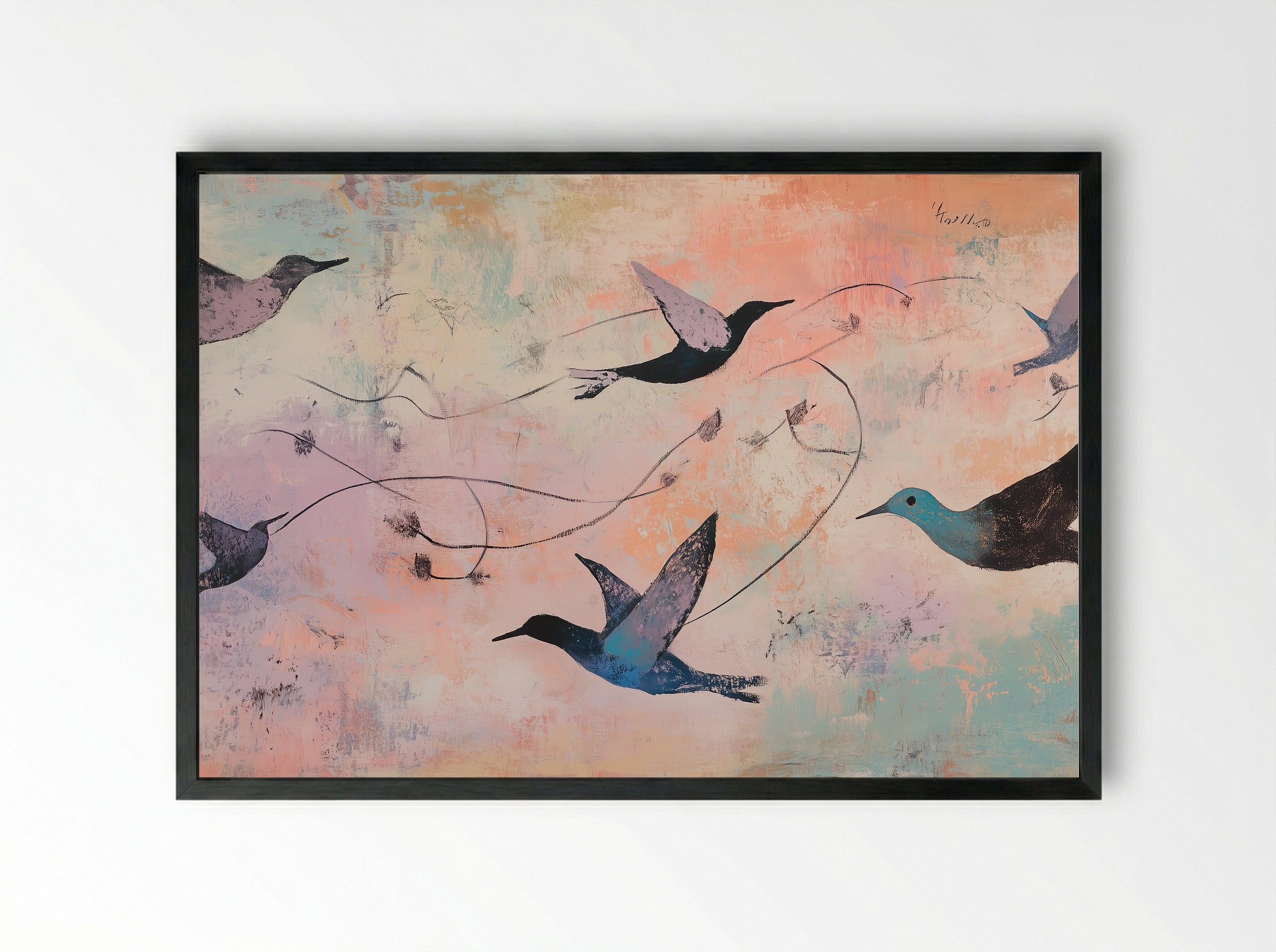 Skyward Drift – Hummingbirds in Flight on Pastel Horizon - Framed Print Black