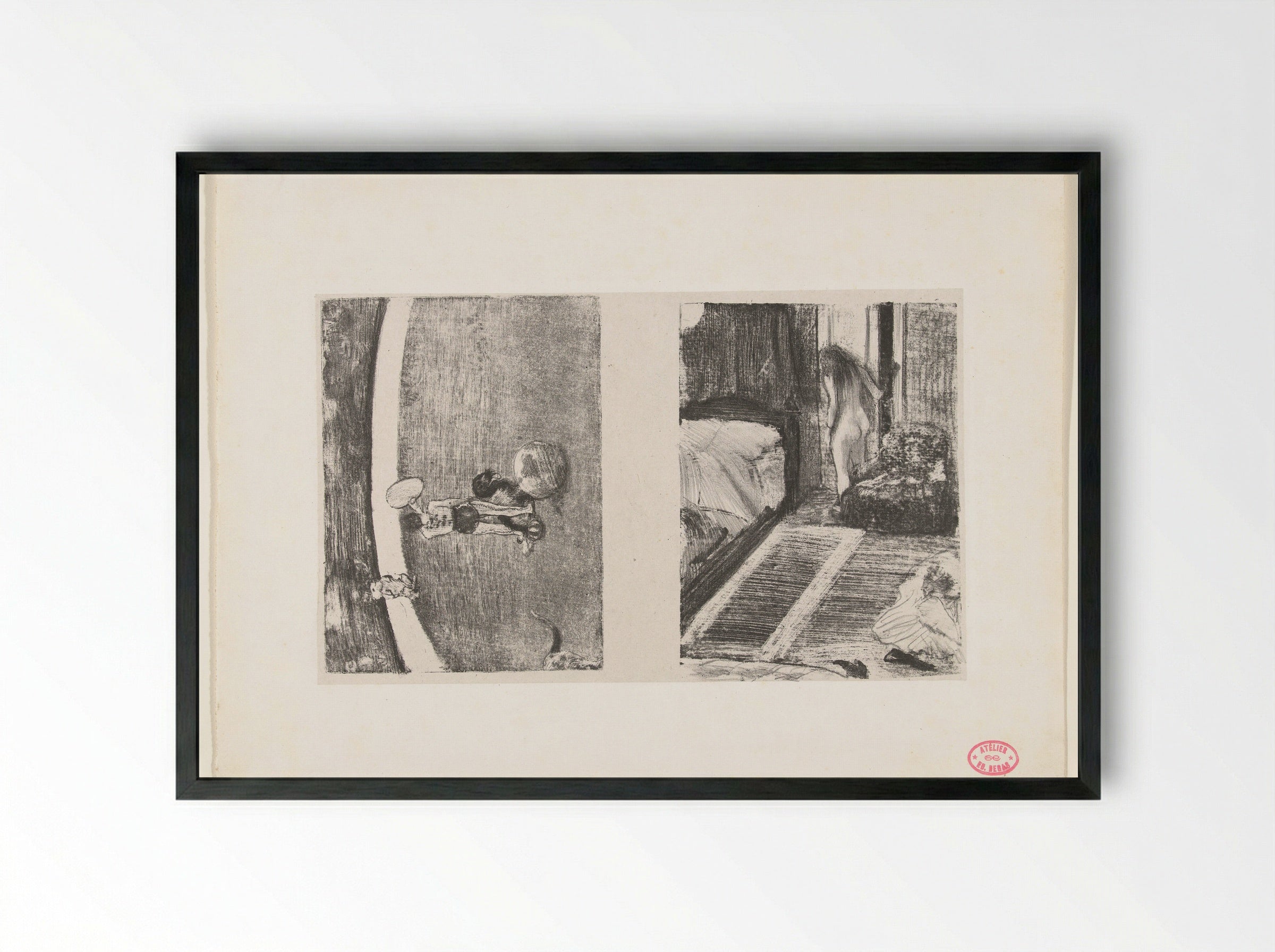 Piste van circus Fernando en naakte vrouw bij deur in haar kamer - Edgar Degas - Framed Print Black