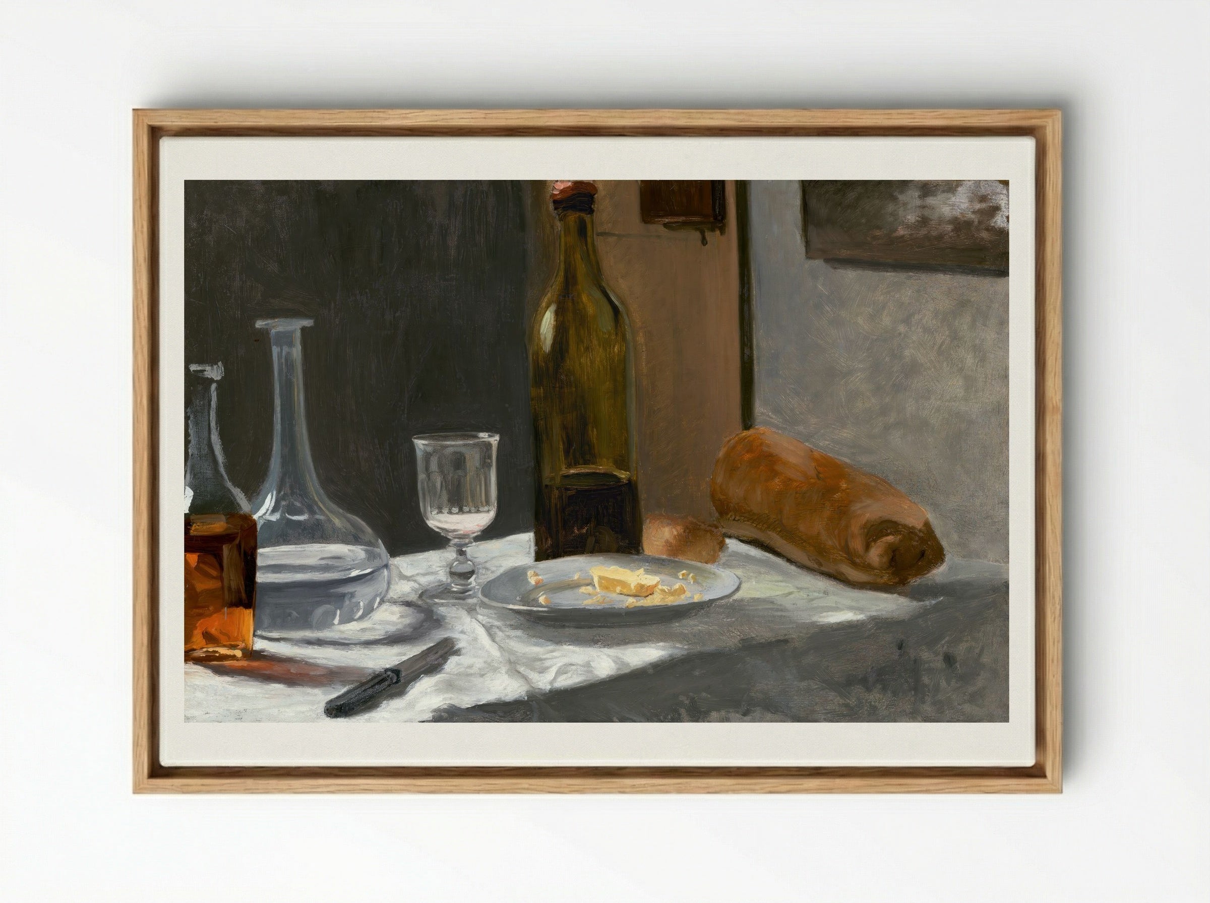 Still Life with Bottle, Carafe, Bread, and Wine - Claude Monet - Framed Canvas Wood