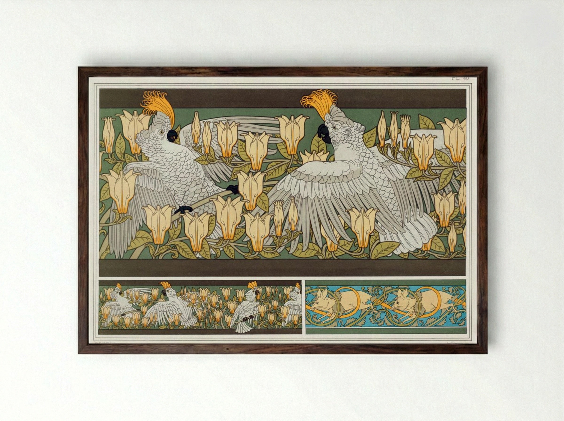 Cacatoès et Magnolia, Bordure; Souris Blanches - Maurice Pillard Verneuil - Framed Print Dark Wood