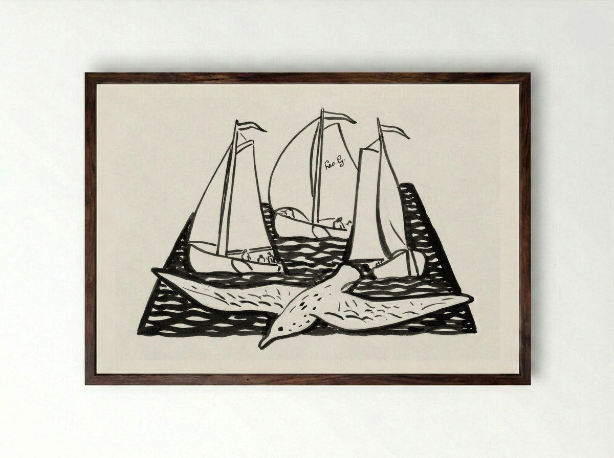 Three Sailing Ships and a Seagull - Leo Gestel - Framed Print Dark Wood