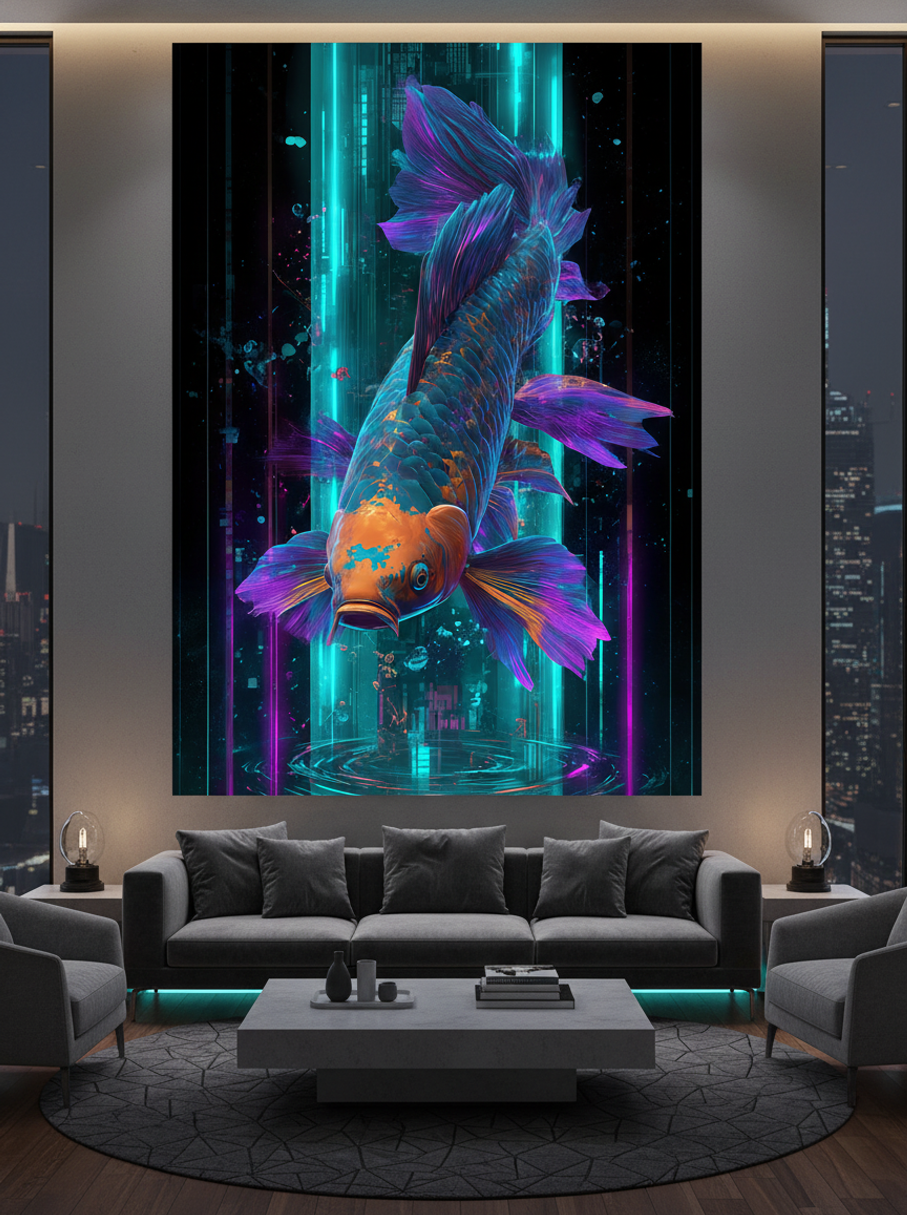 Neon Koi No.1 – Electric Teal & Violet Holographic Print - Lifestyle
