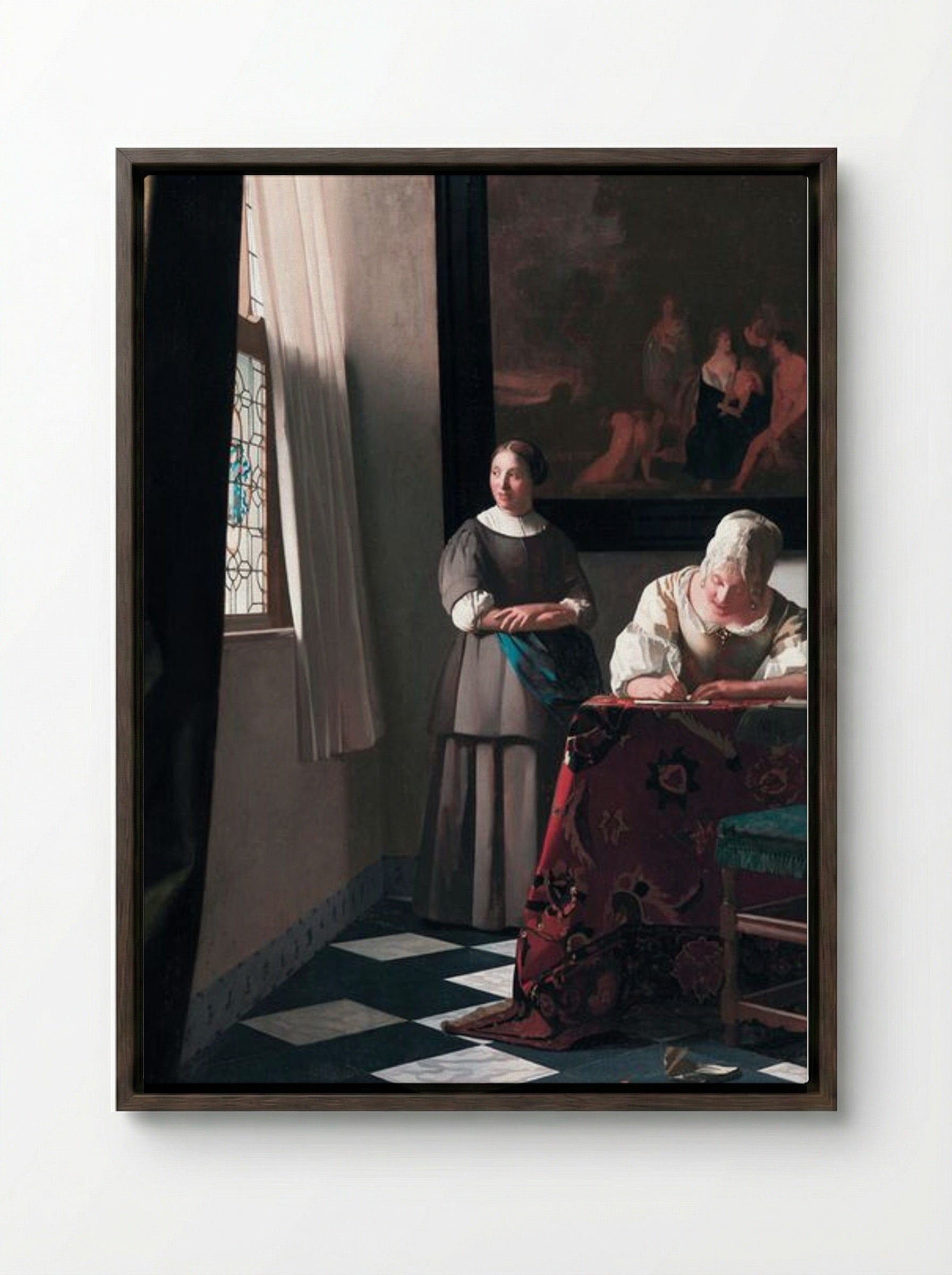 Lady Writing a Letter with her Maid - Johannes Vermeer - Framed Canvas Dark Wood