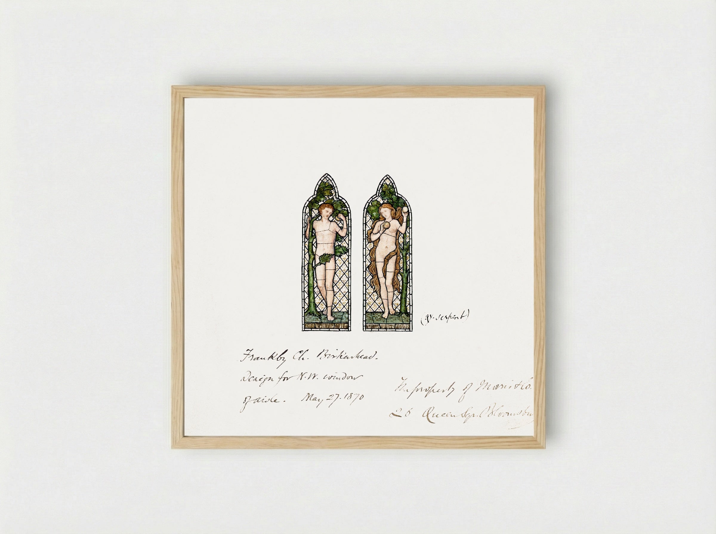 Design for Stained Glass Window: Adam and Eve - Fine Art Print - Framed Print Wood