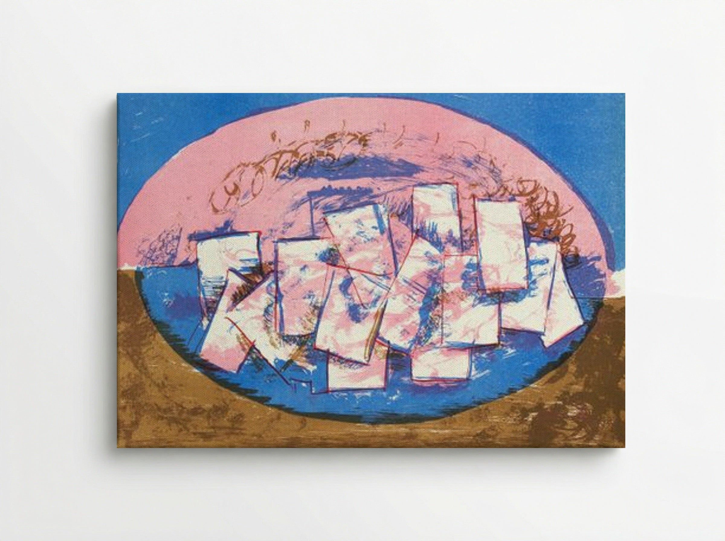 Blue and Pink Ellipse with Squares on Brown and Blue Background - Vilhelm Lundstrøm - Canvas