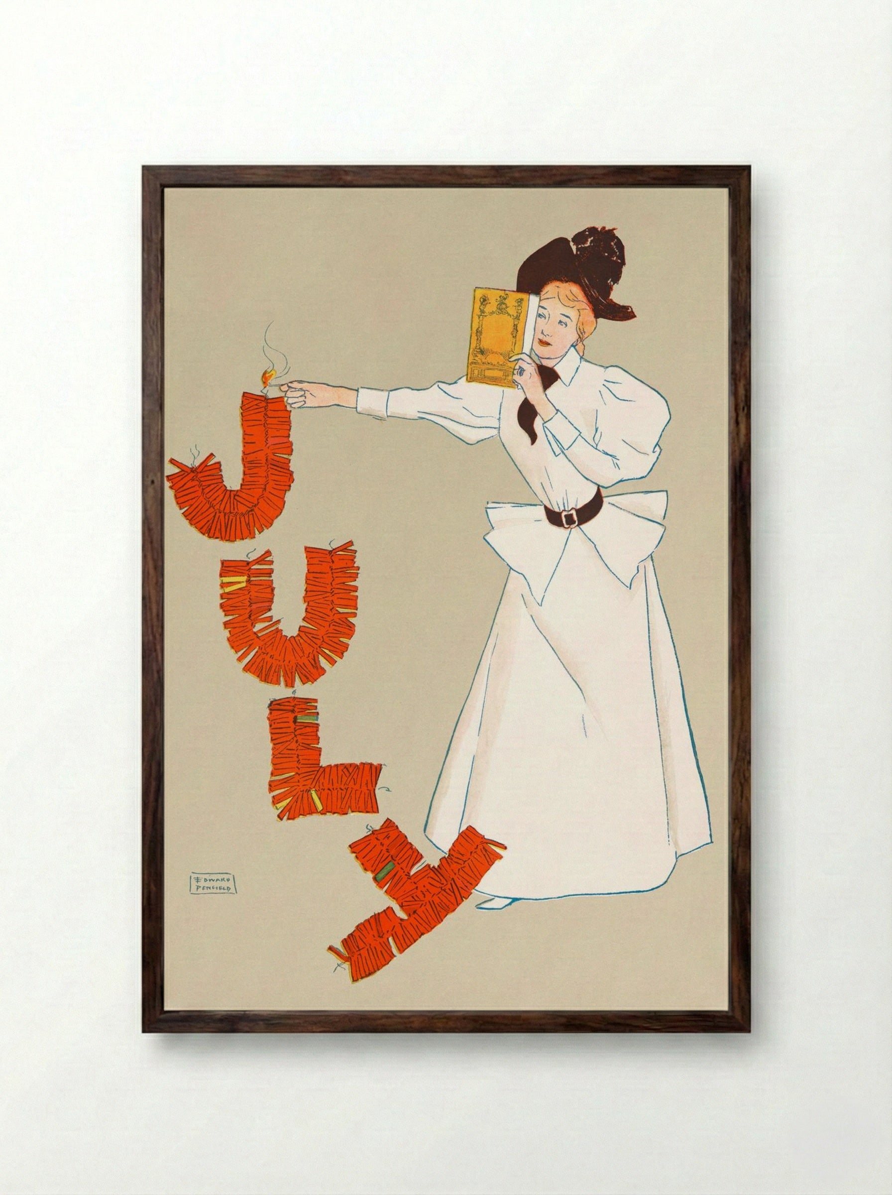 Woman Lighting Up Firecrackers - Edward Penfield - Framed Print Dark Wood
