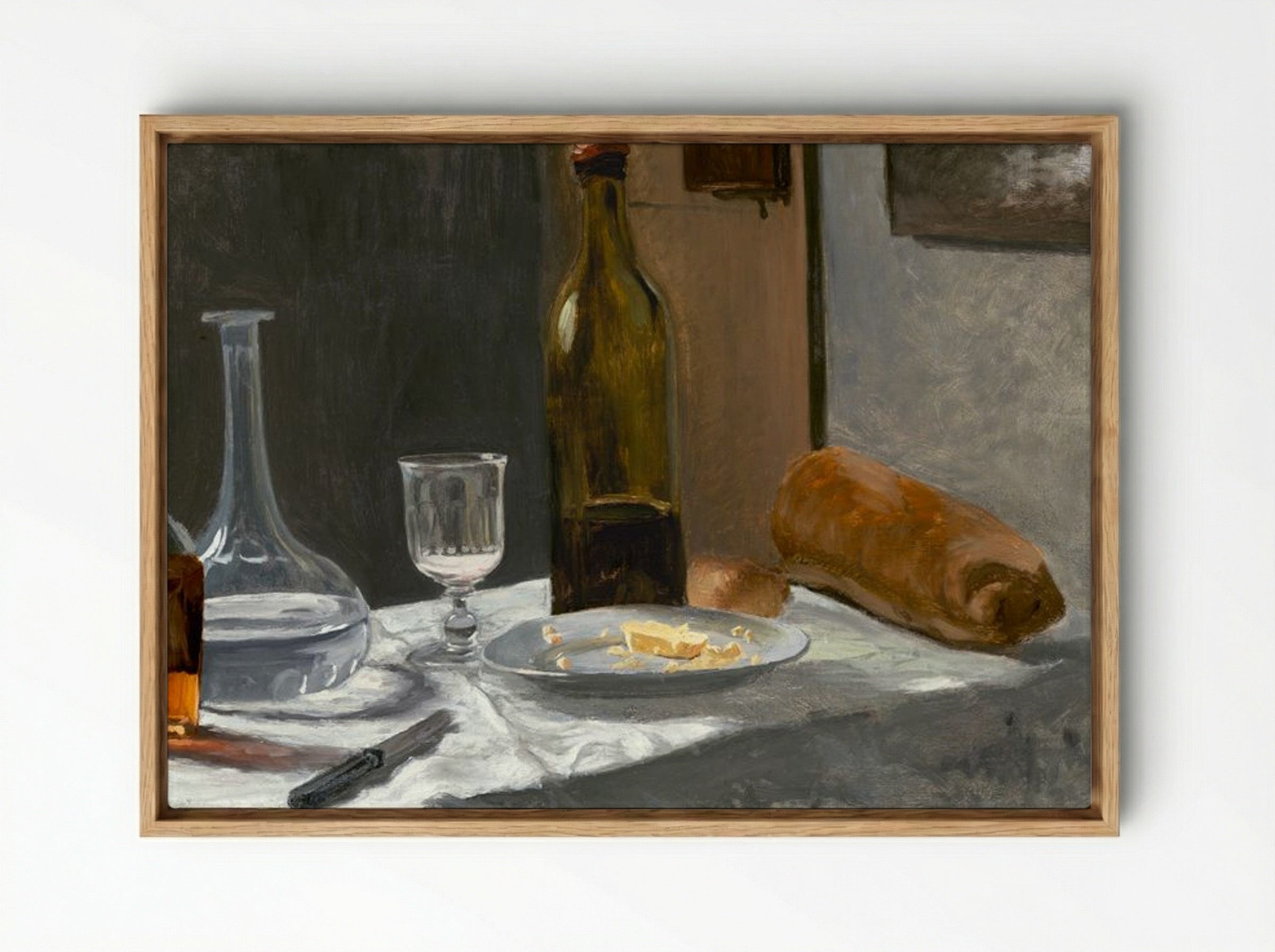 Still Life with Bottle, Carafe, Bread, and Wine - Claude Monet - Framed Canvas Wood