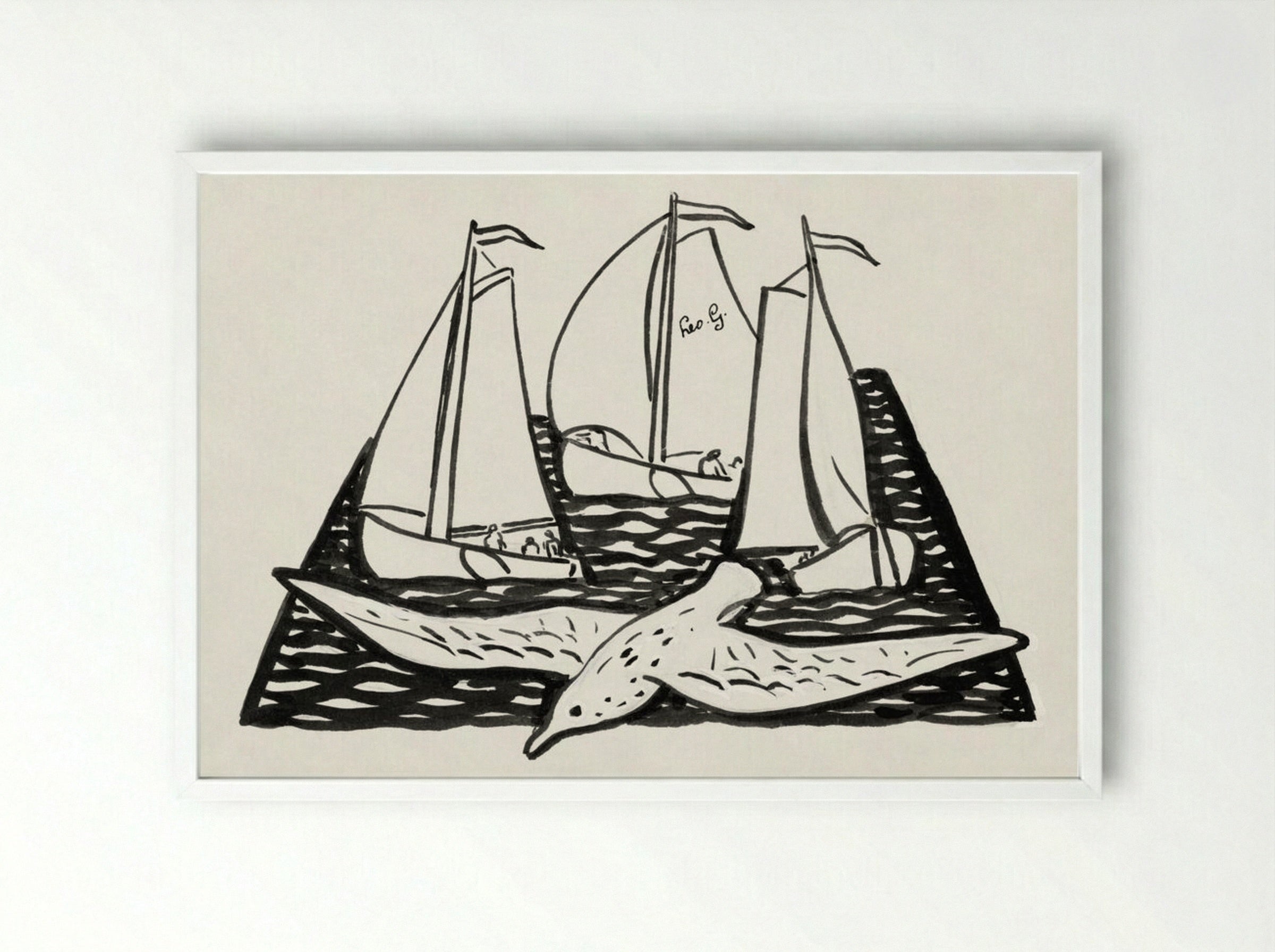 Three Sailing Ships and a Seagull - Leo Gestel - Framed Print White