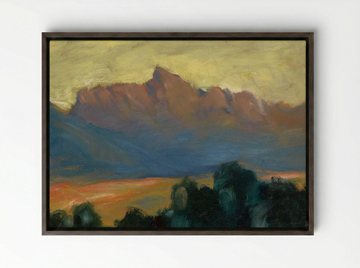 Mountain Landscape at Sunset - Zolo Palugyay - Framed Canvas Dark Wood
