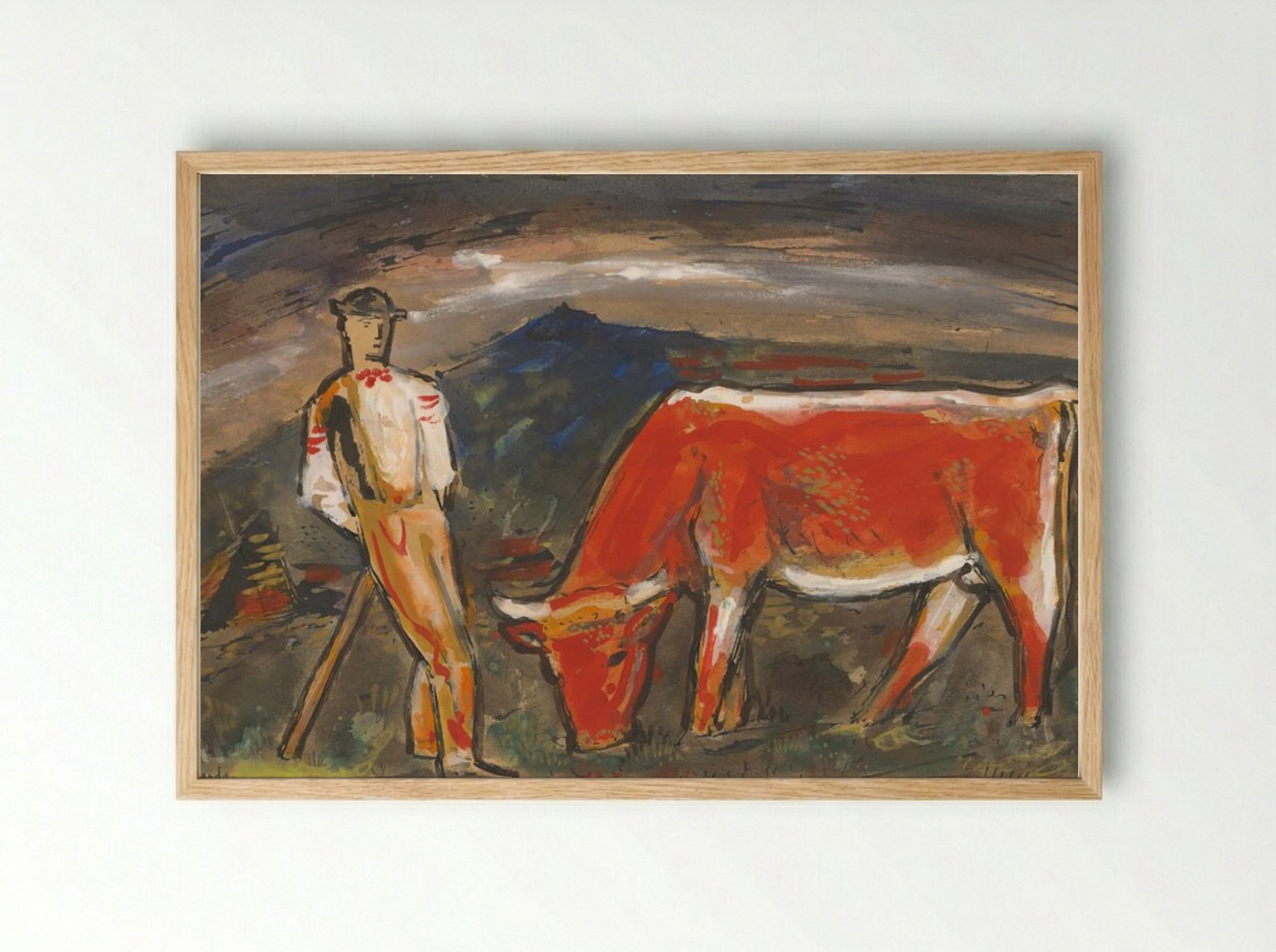 Shepherd with Red Cow - Mikuláš Galanda - Framed Print Wood