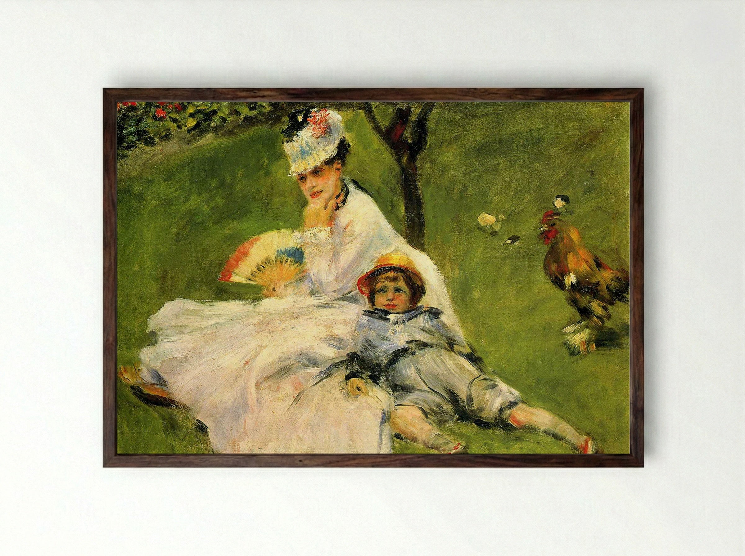 Camille Monet and Her Son Jean in the Garden at Argenteuil - Claude Monet - Framed Print Dark Wood