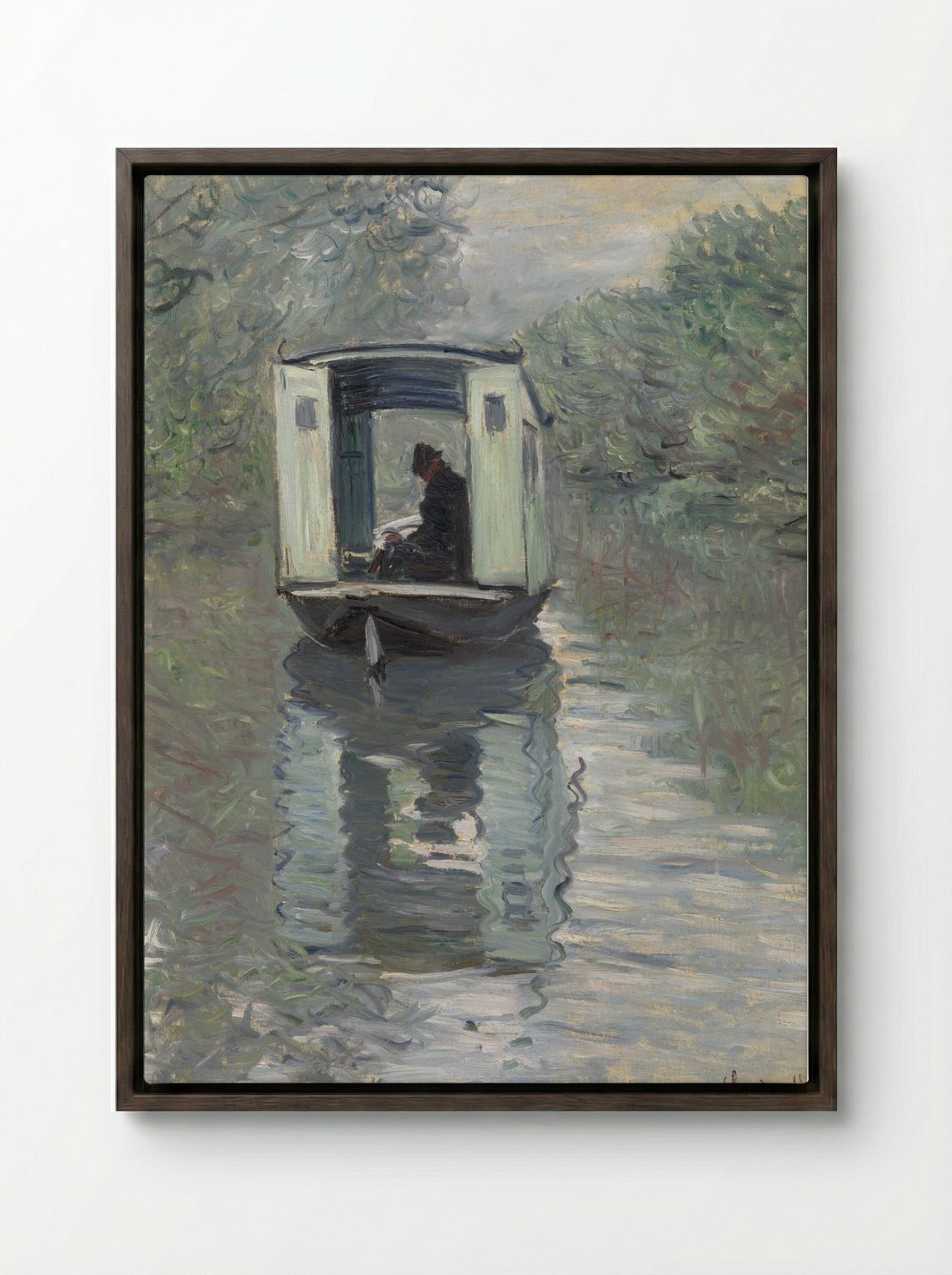 The Studio Boat (Le Bateau-atelier) - Claude Monet - Framed Canvas Dark Wood