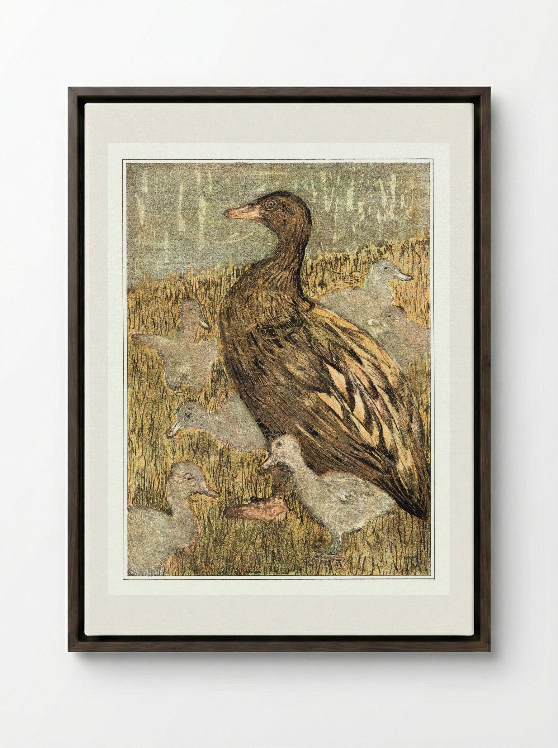 Duck with Ducklings by the Waterside - Theo van Hoytema - Framed Canvas Dark Wood