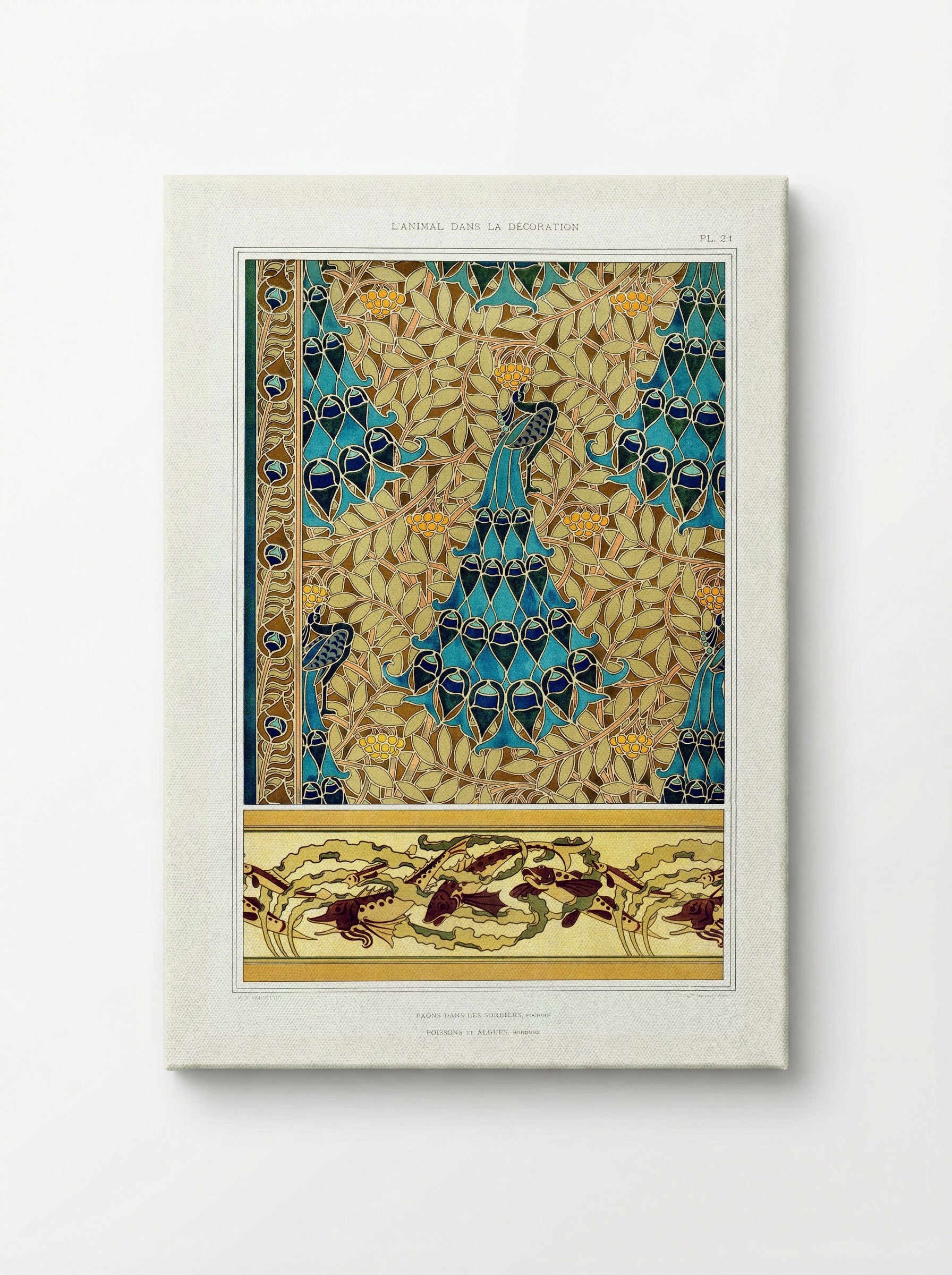 Paons dans les sorbiers, Pochoir; Poissons et algues, Bordure - Maurice Pillard Verneuil - Canvas