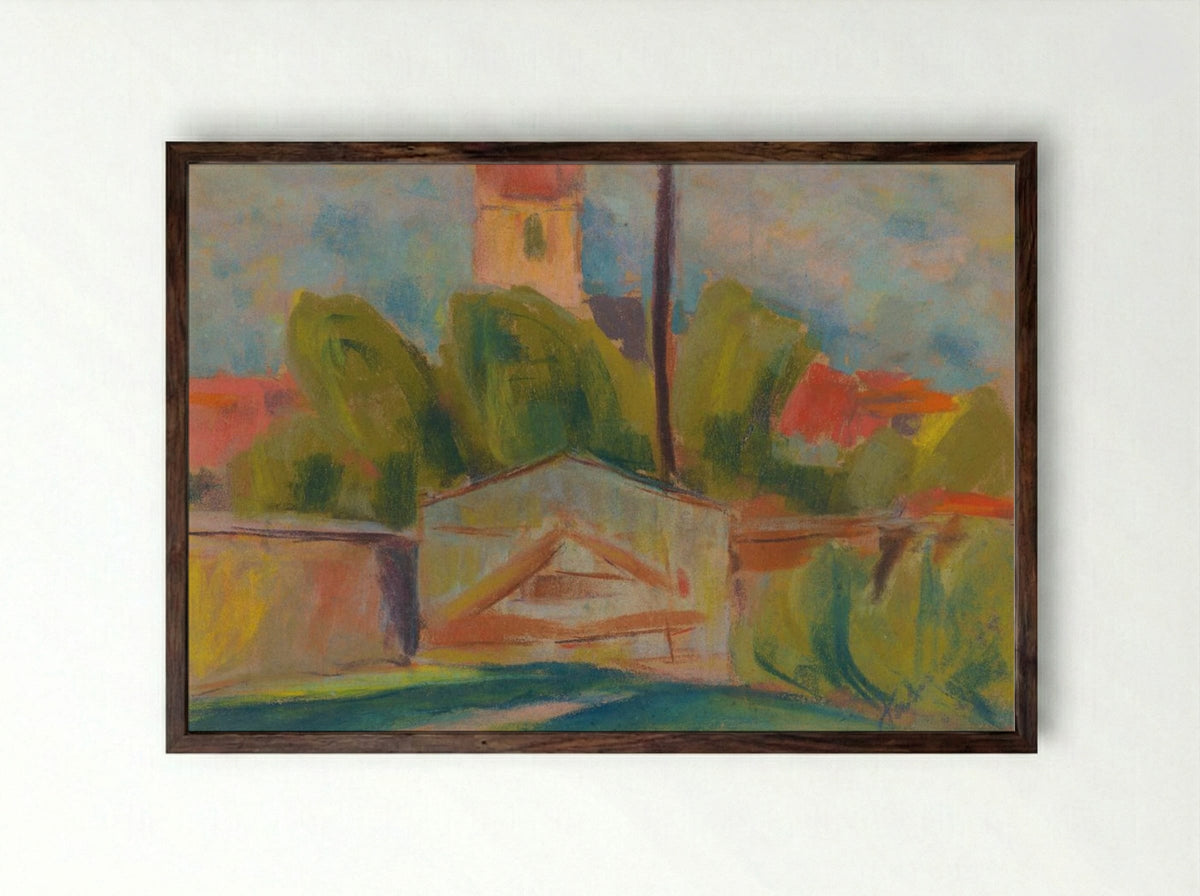 Village with a Church - Zolo Palugyay - Framed Print Dark Wood