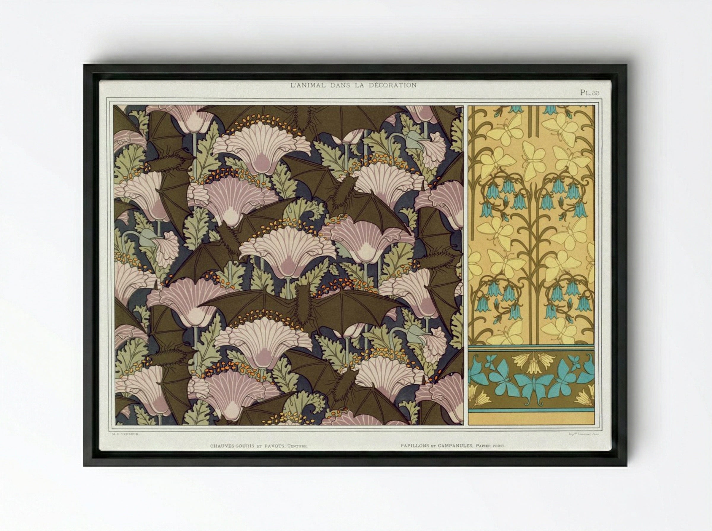 Chauves-souris et Pavots; Papillons et Campanules - Maurice Pillard Verneuil - Framed Canvas Black