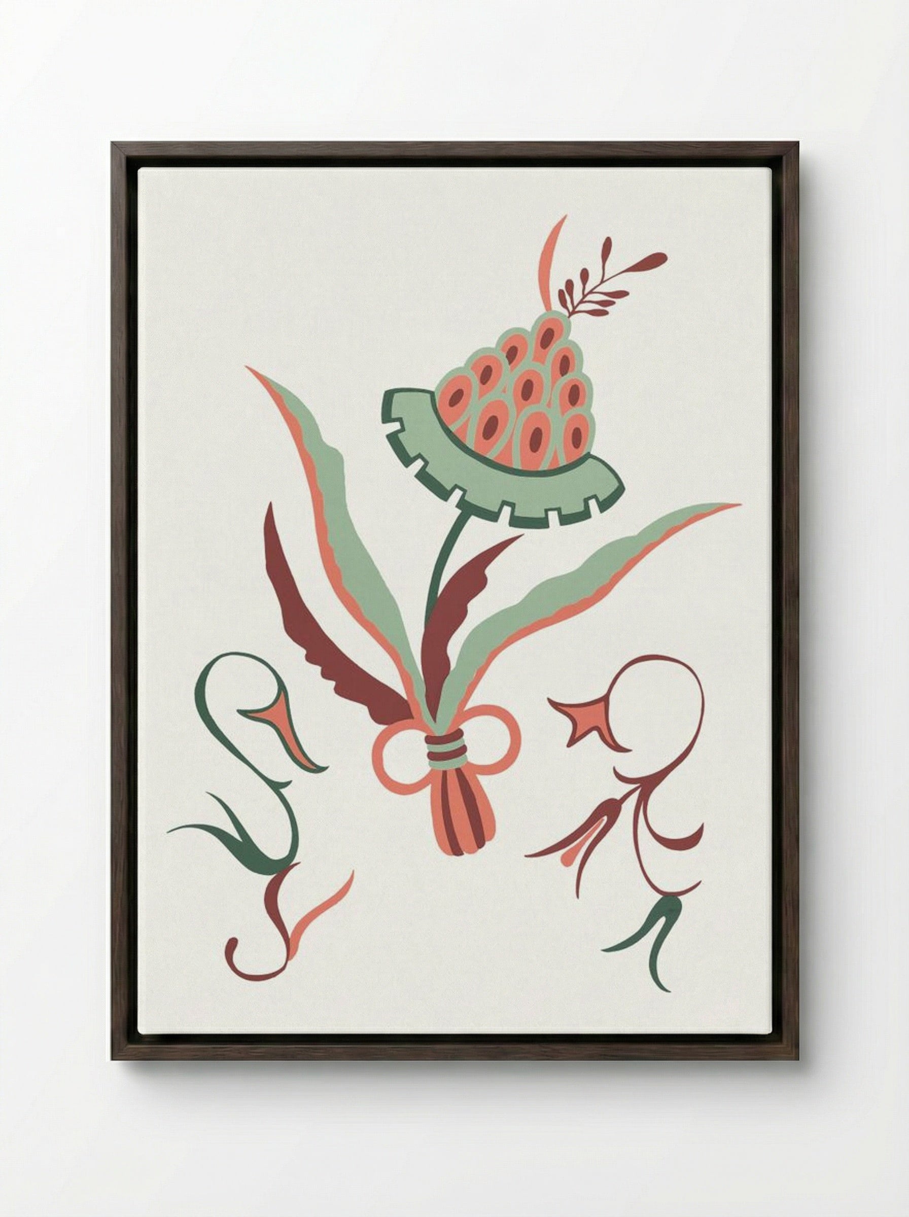 Floral Design with Swans - Fine Art Print - Framed Canvas Dark Wood