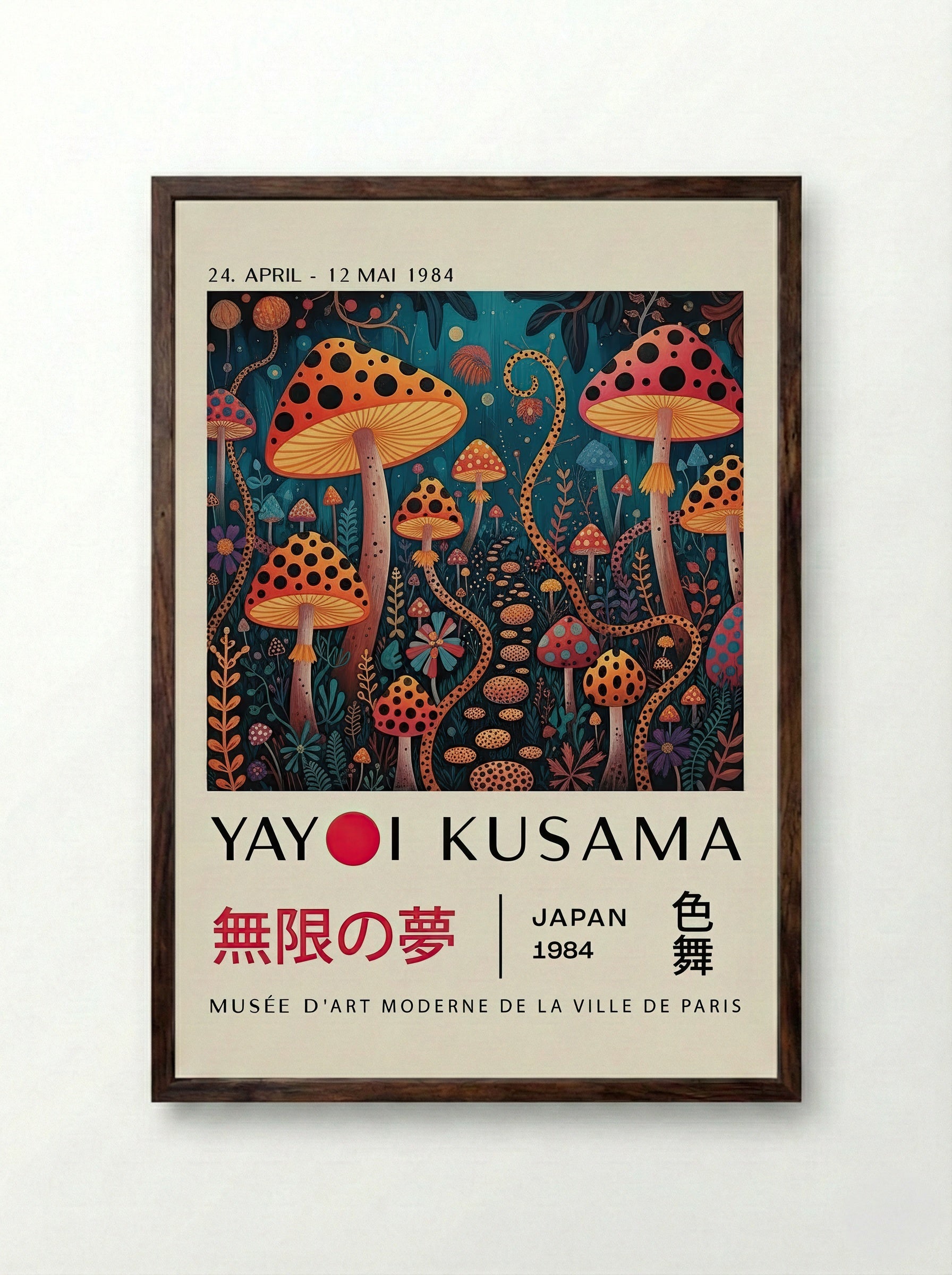 Mushroom Dreamscape - Yayoi Kusama - Framed Print Dark Wood