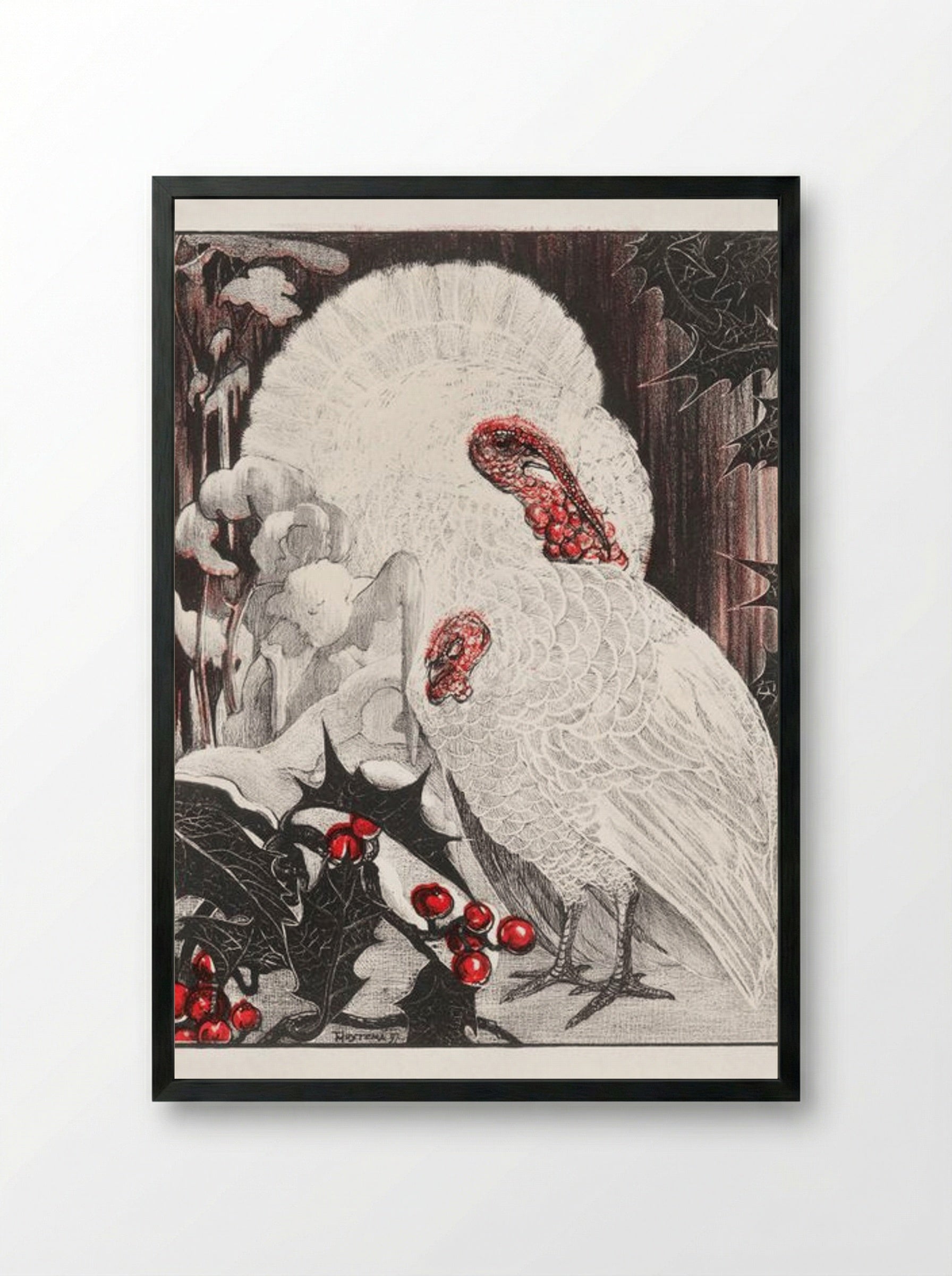 Two White Turkeys with Holly Branches in the Snow - Theo van Hoytema - Framed Print Black