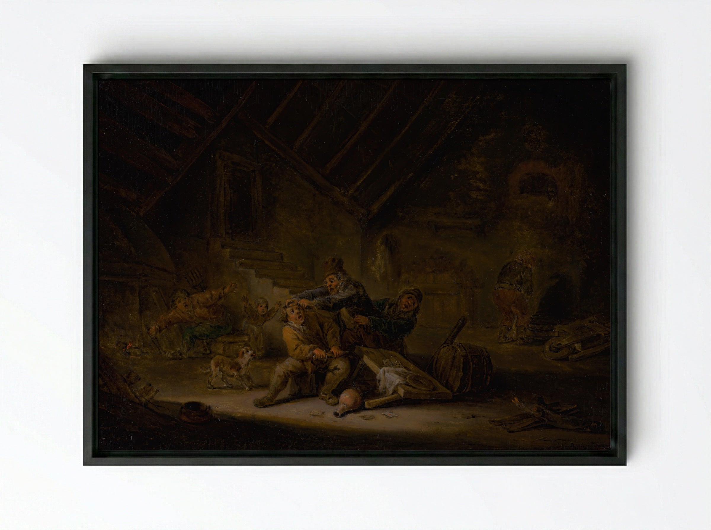 Card Players Fighting in a Tavern - David Teniers the Younger - Framed Canvas Black