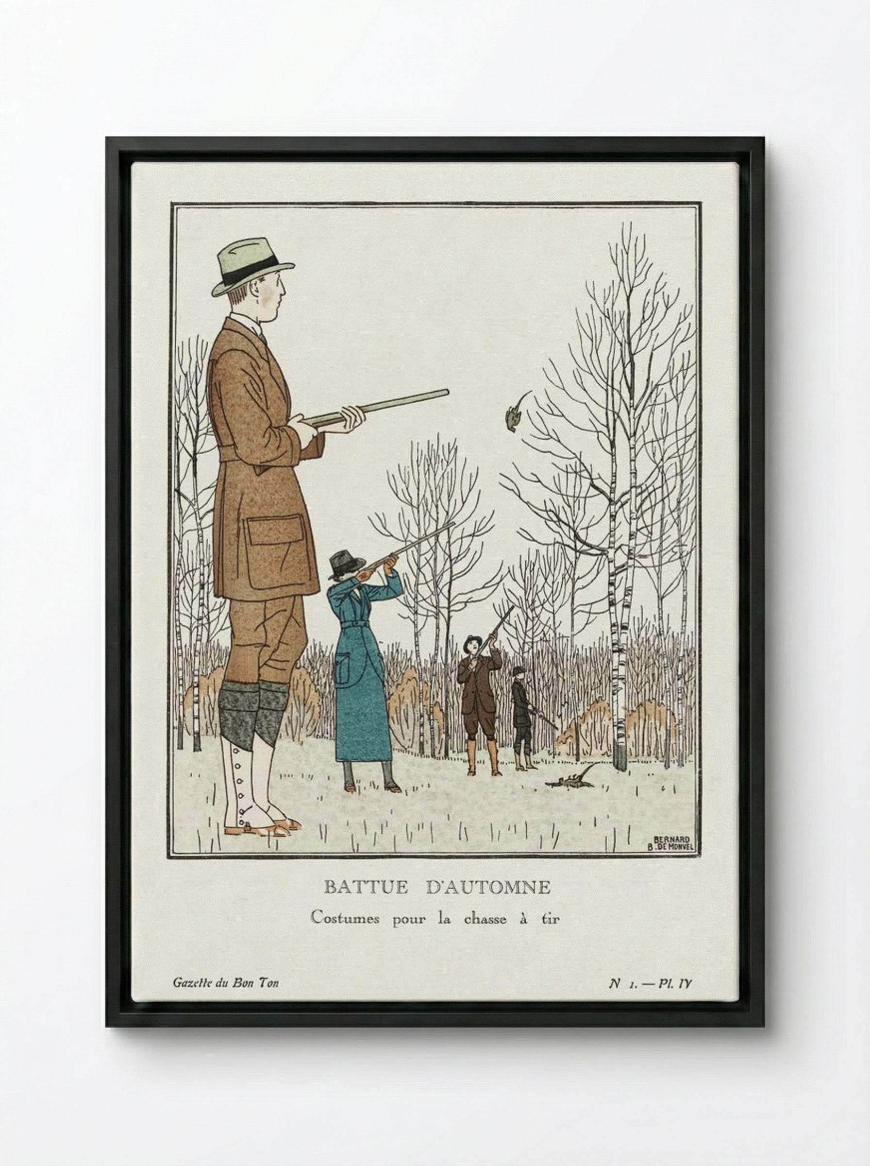 Battue d'Automne (Costumes pour la chasse à tir) - Bernard Boutet de Monvel - Framed Canvas Black