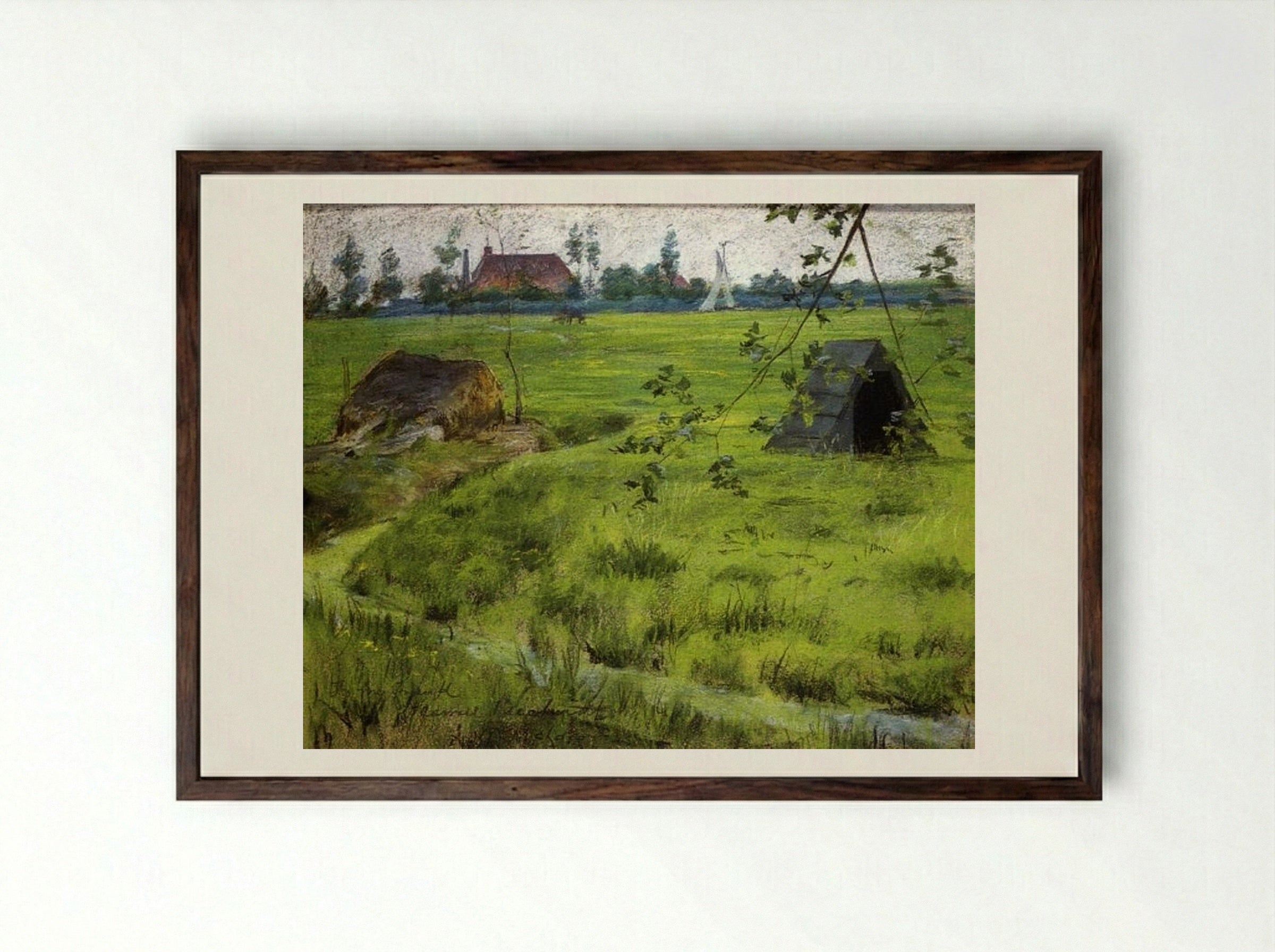 A Bit of Holland Meadows (aka A Bit of Green in Holland) - William Merritt Chase - Framed Print Dark Wood