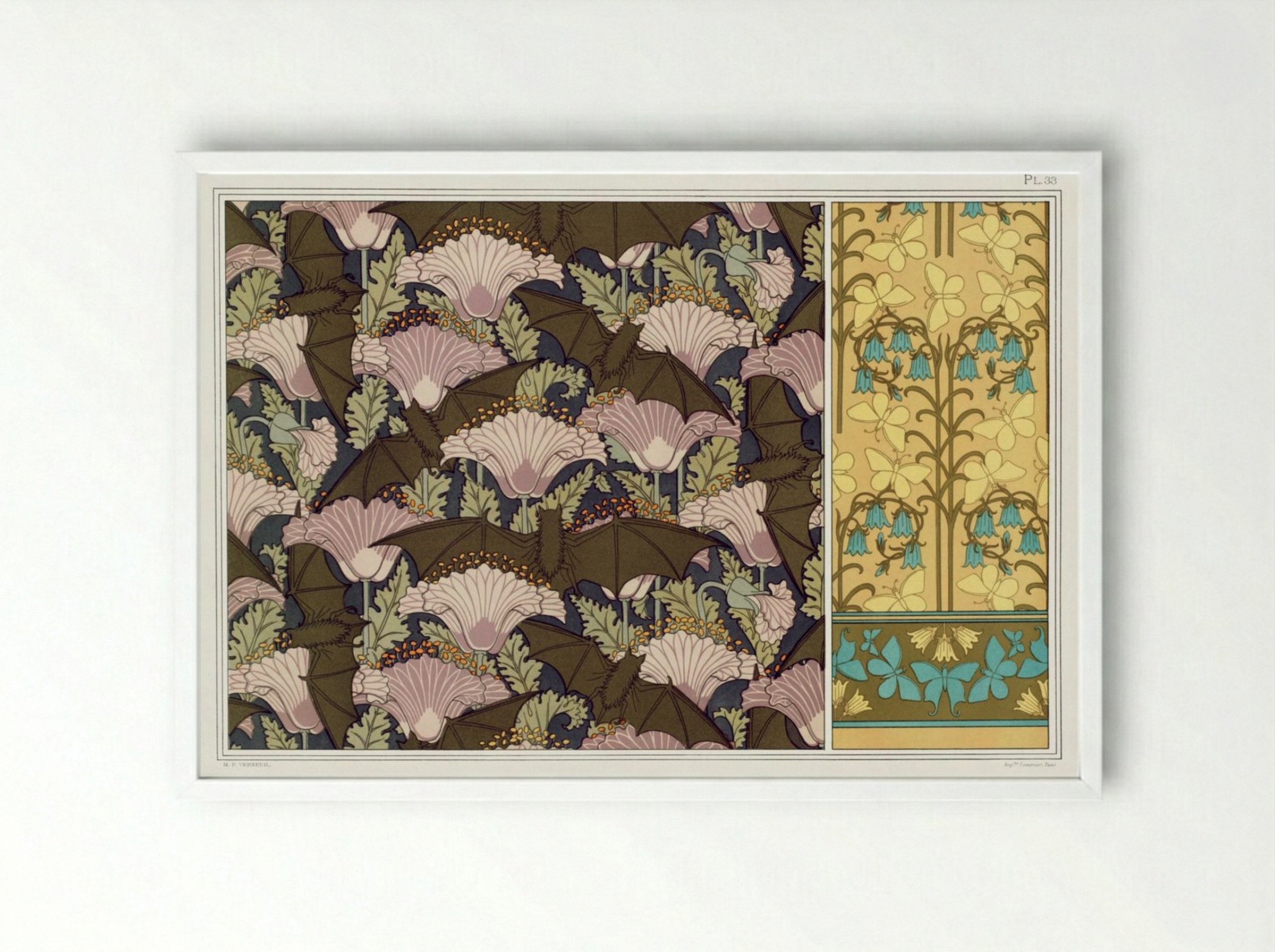 Chauves-souris et Pavots; Papillons et Campanules - Maurice Pillard Verneuil - Framed Print White