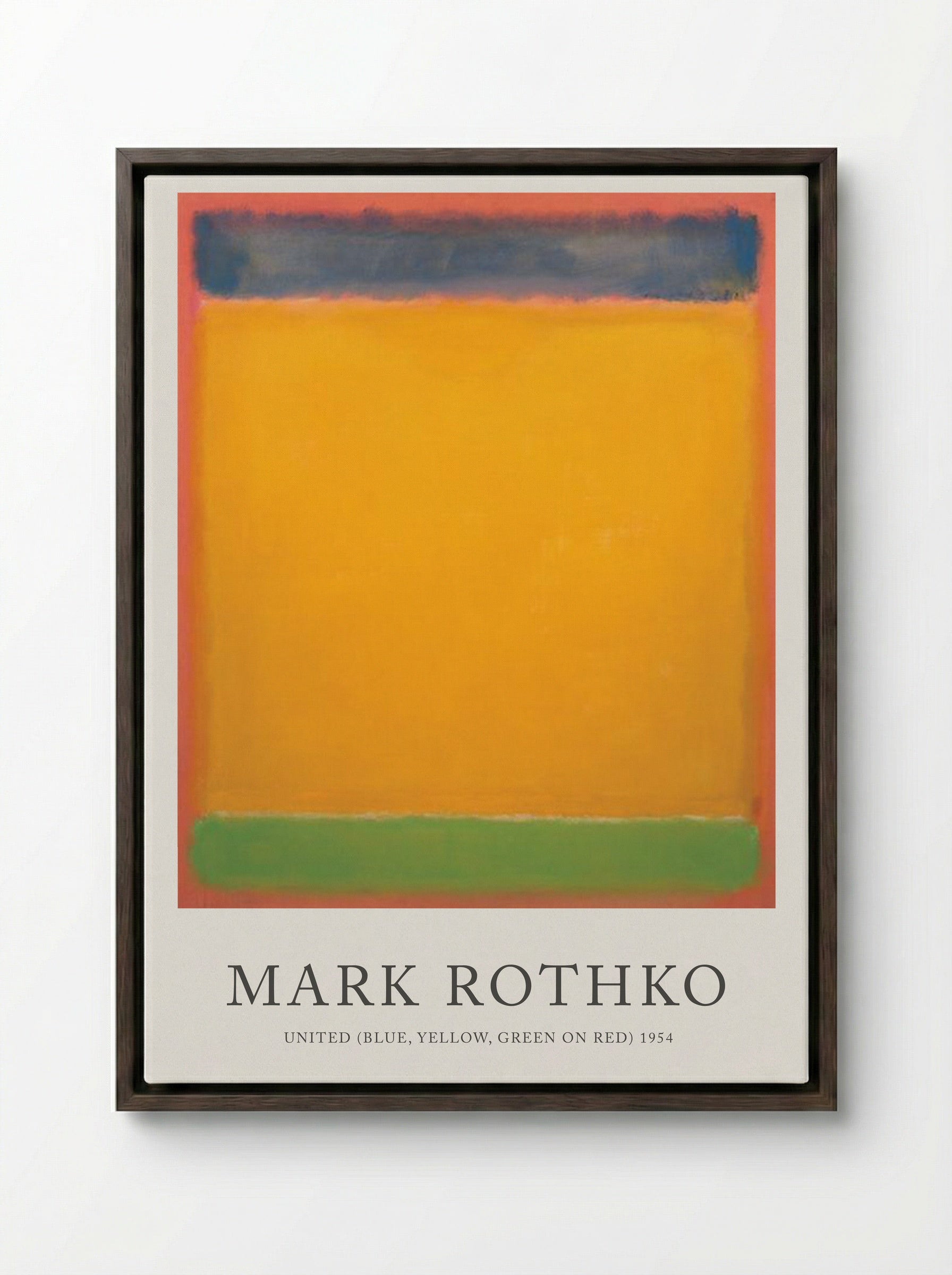 United (Blue, Yellow, Green on Red) - Mark Rothko - Framed Canvas Dark Wood