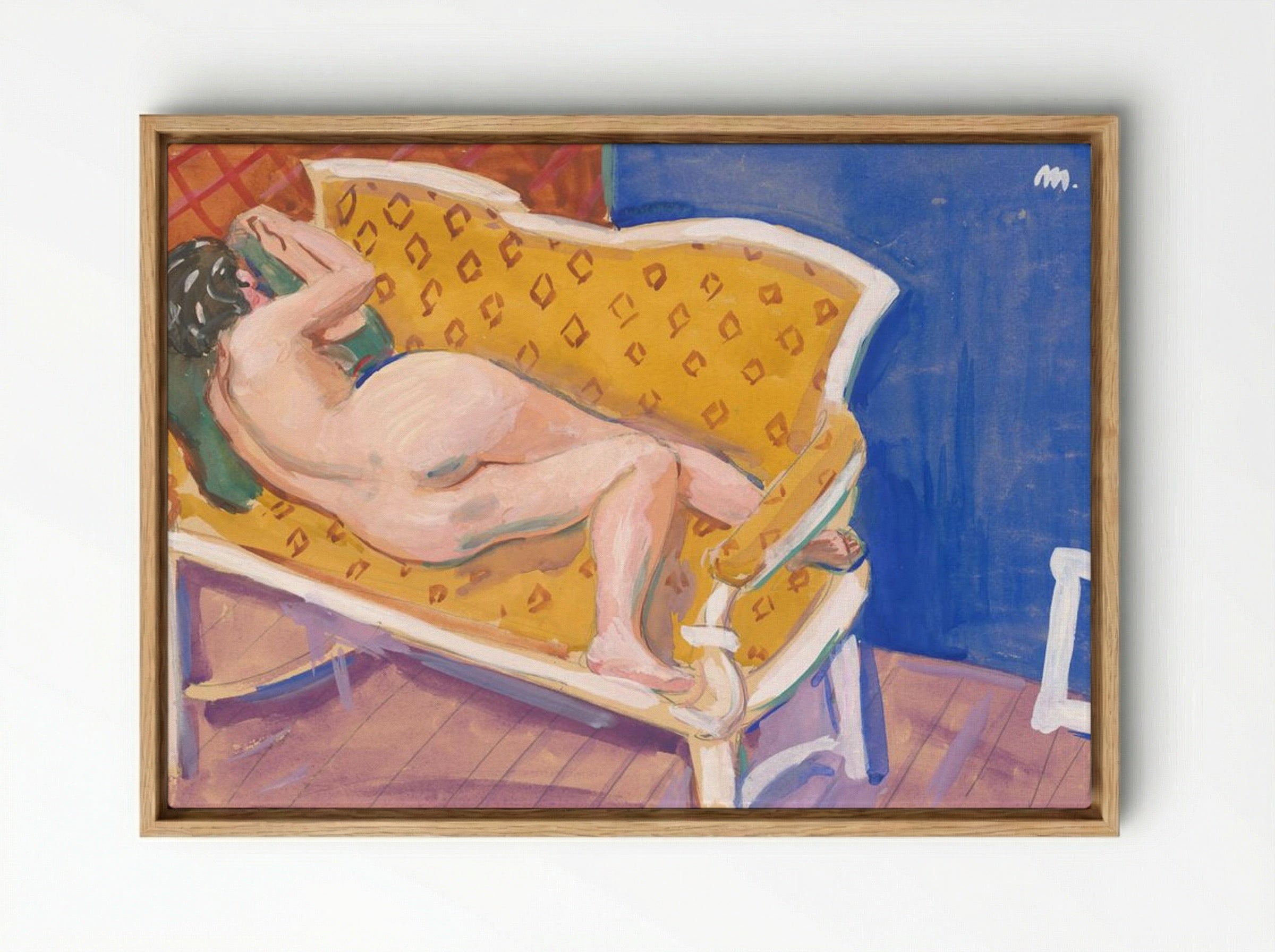 Reclining Nude on Yellow Sofa - Cyprián Majerník - Framed Canvas Wood