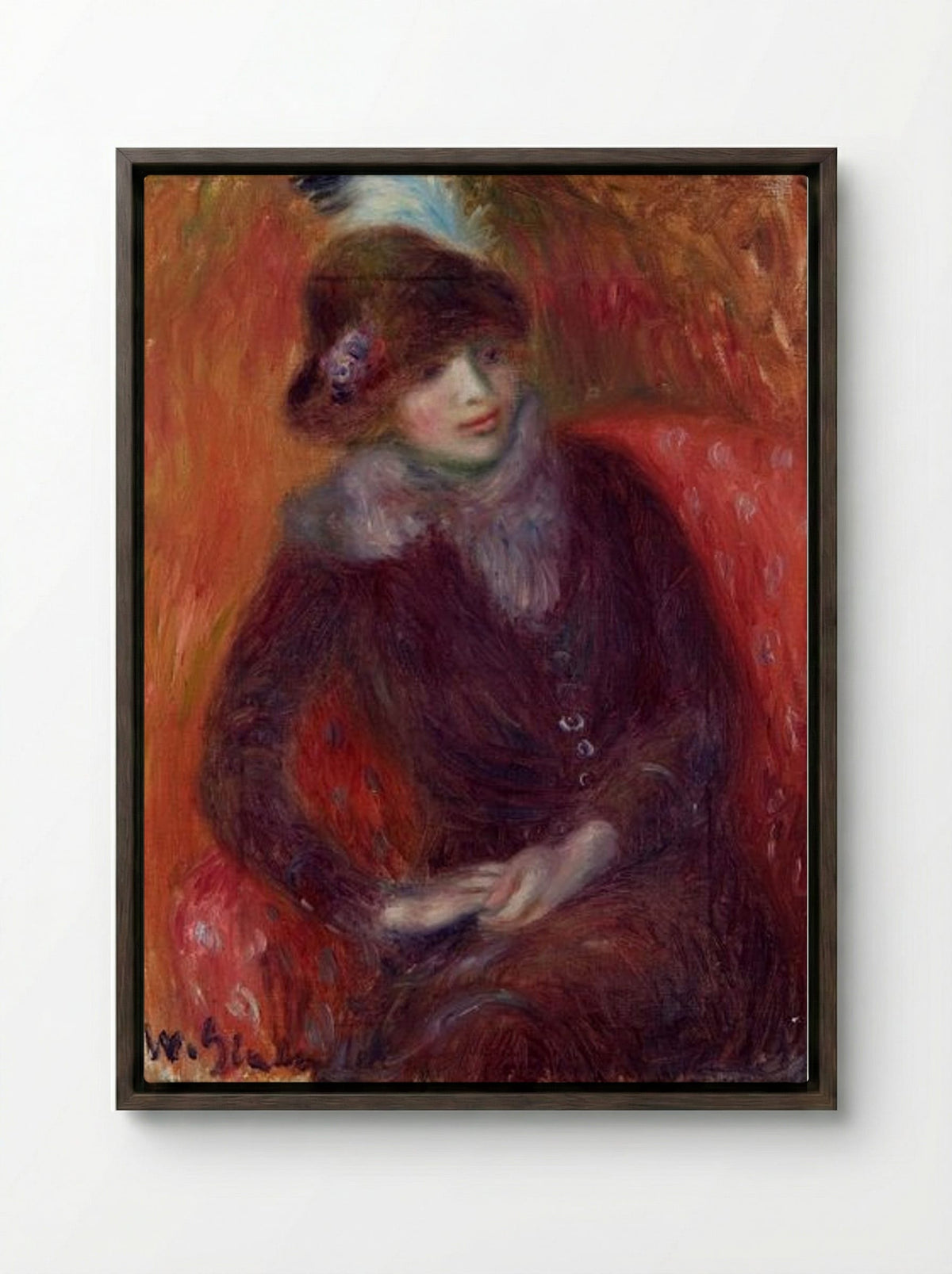 Seated Woman with Fur Neckpiece and Red Background - William James Glackens - Framed Canvas Dark Wood