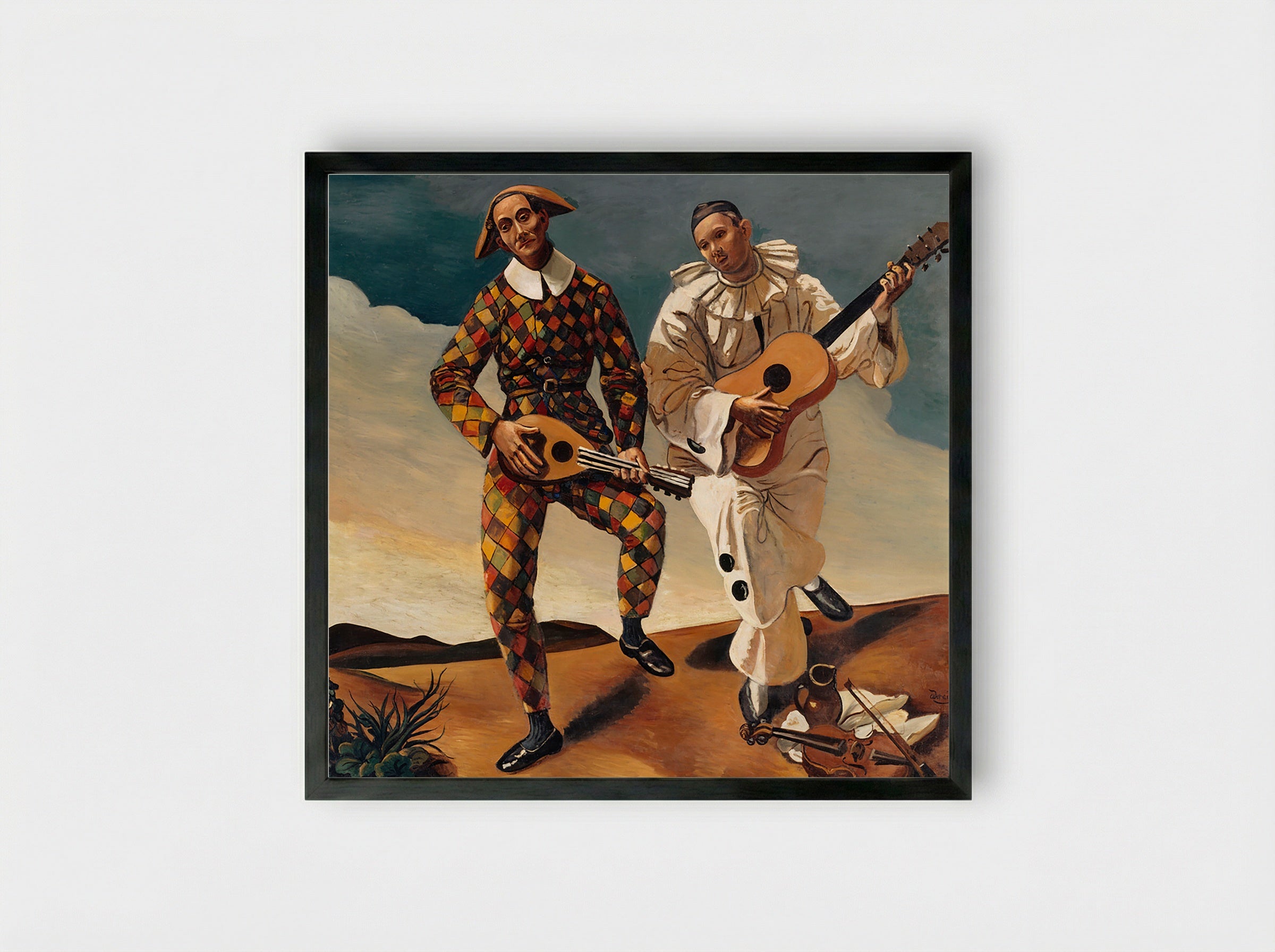 Harlequin and Pierrot (Two Musicians) - Pablo Picasso - Framed Print Black