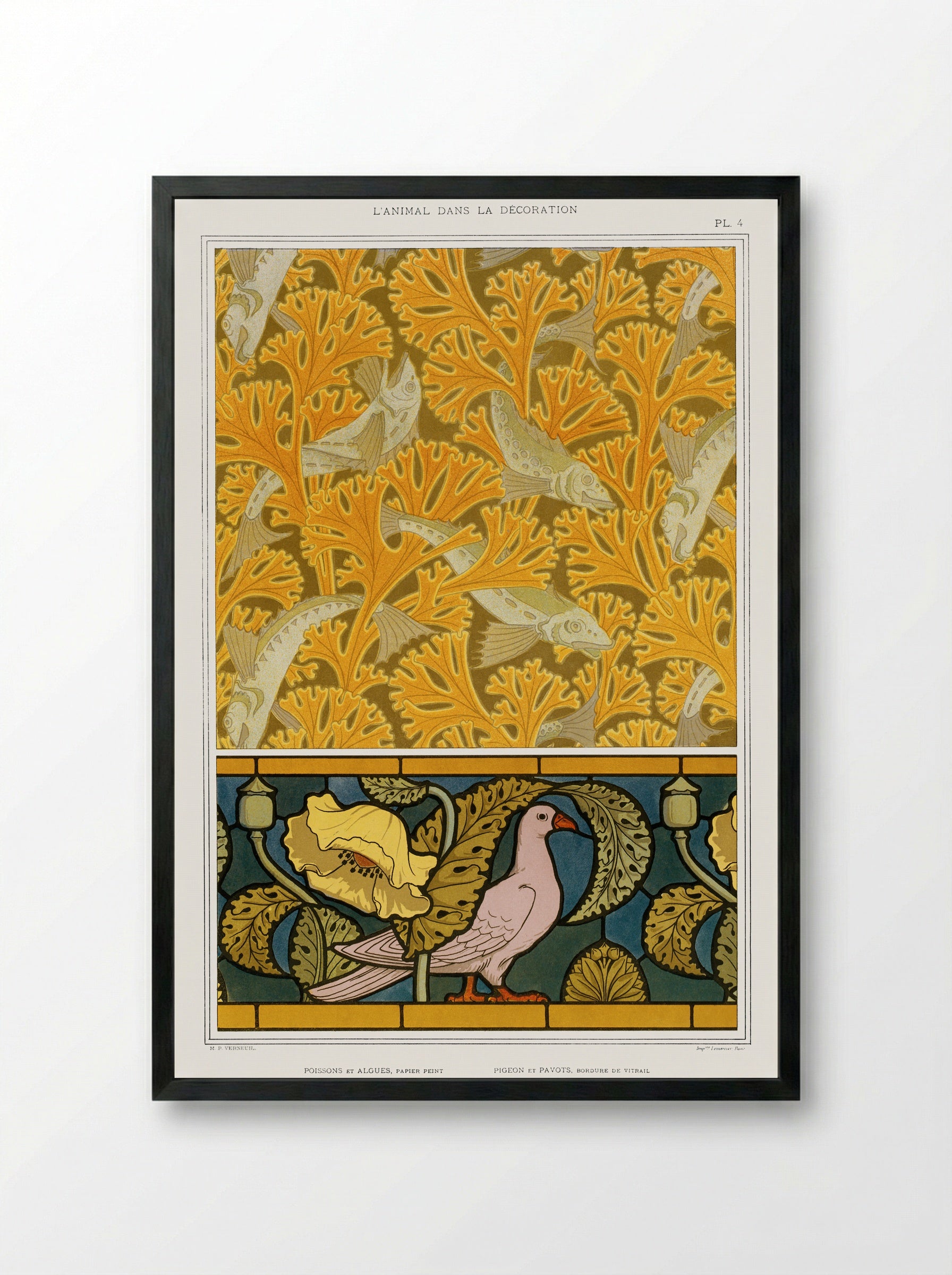Poisson et Algues, Papier Peint / Pigeon et Pavots, Bordure de Vitrail - Maurice Pillard Verneuil - Framed Print Black