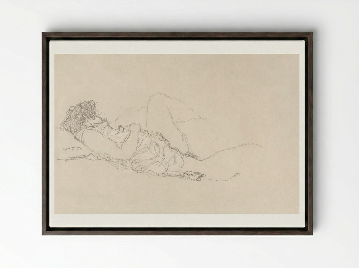 Sleeping Woman - Gustav Klimt - Framed Canvas Dark Wood