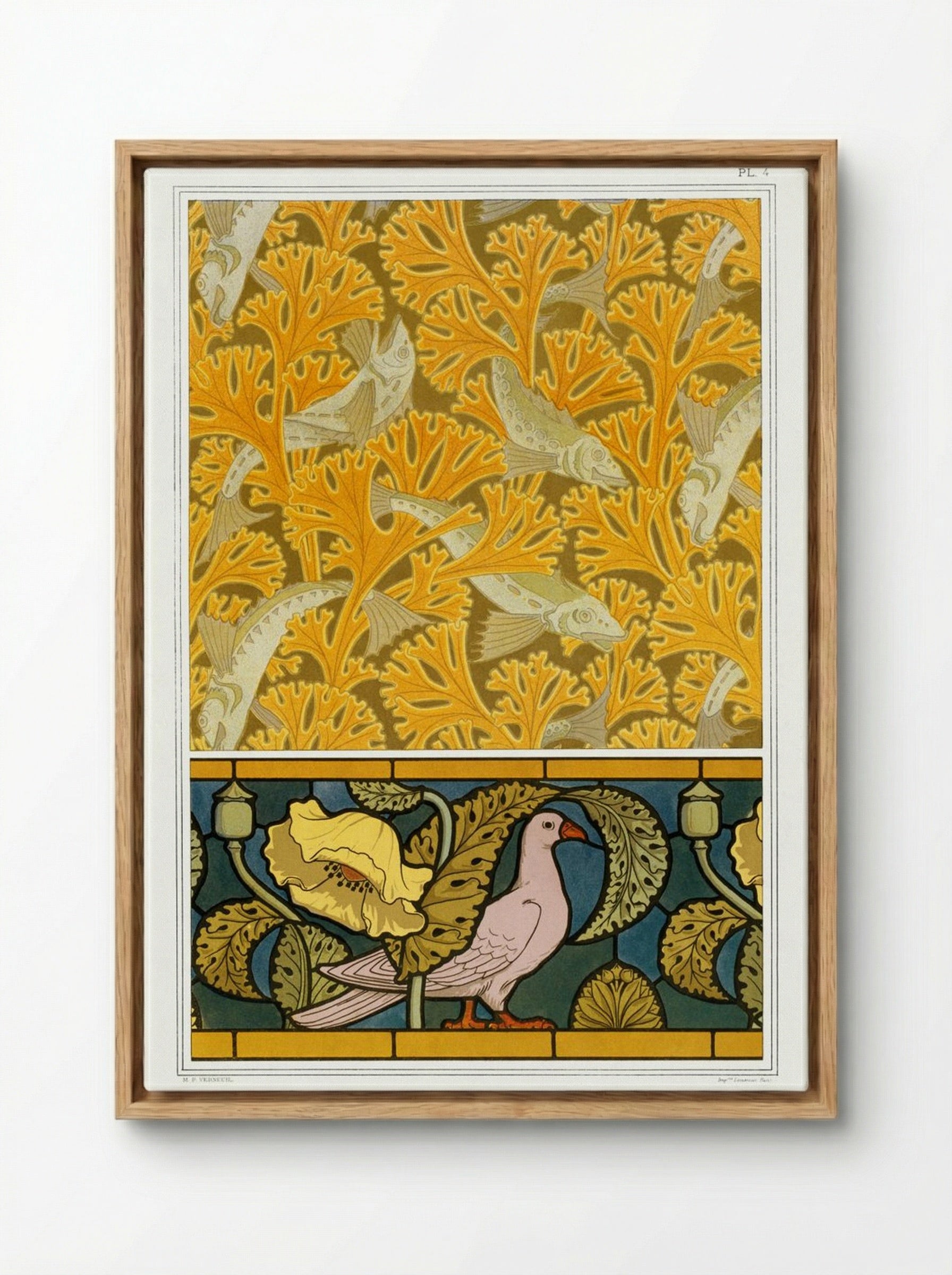 Poisson et Algues, Papier Peint; Pigeon et Pavots, Bordure de Vitrail - Maurice Pillard Verneuil - Framed Canvas Wood