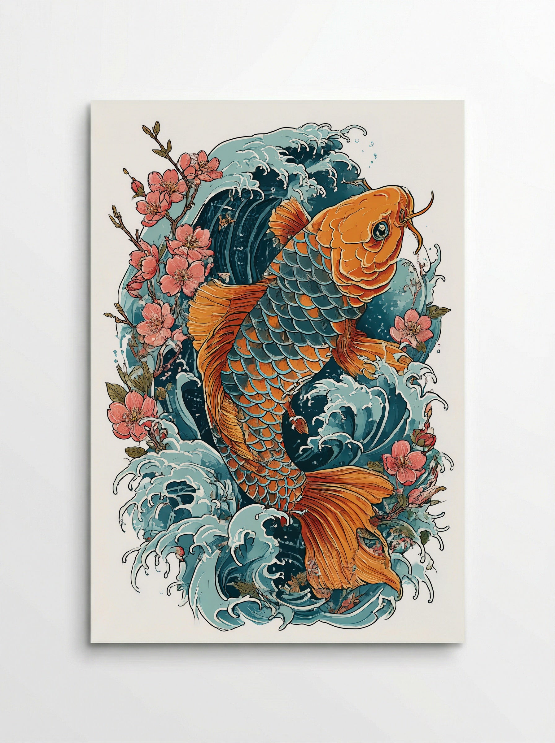 Koi Fish and Cherry Blossoms - Japanese Symbolic Art Print - Poster