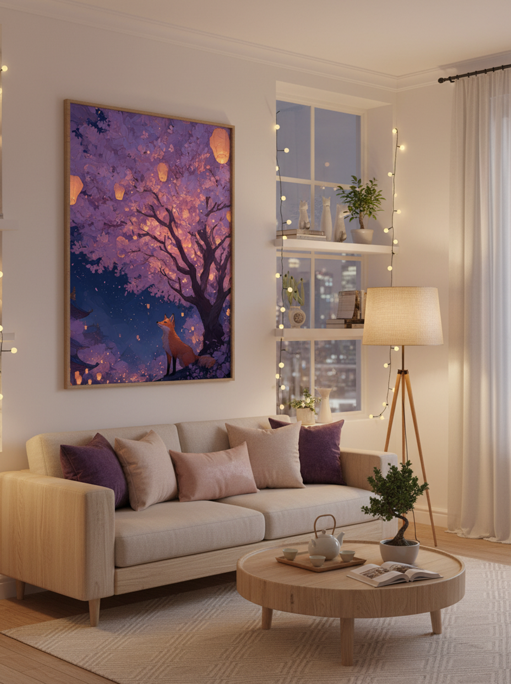 Fox Under Lantern Blossom – Dreamy Sakura Tree Art Print - Lifestyle