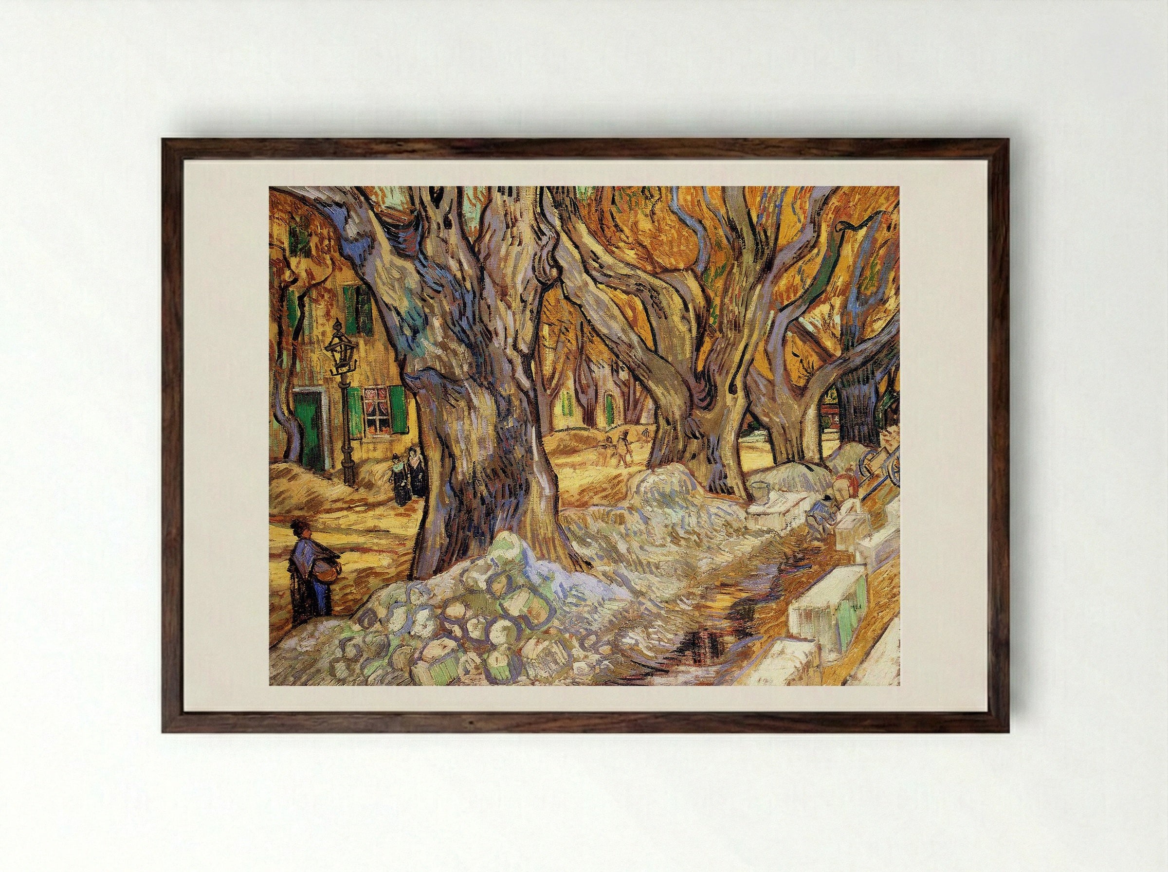The Large Plane Trees (Road Menders at Saint-Rémy) - Vincent van Gogh - Framed Print Dark Wood