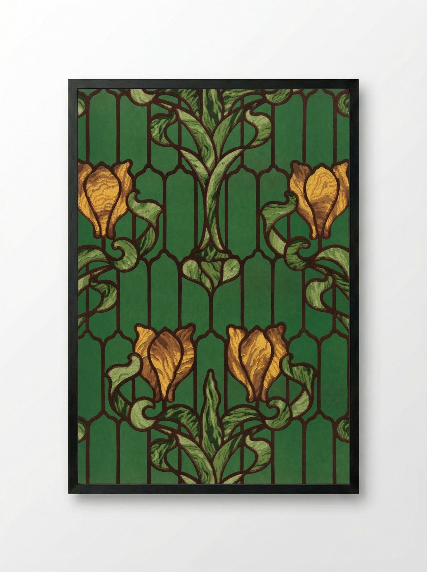 Flower Patterned Stained Glass (Yellow Tulip with Green Foliage) - Fine Art Print - Framed Print Black