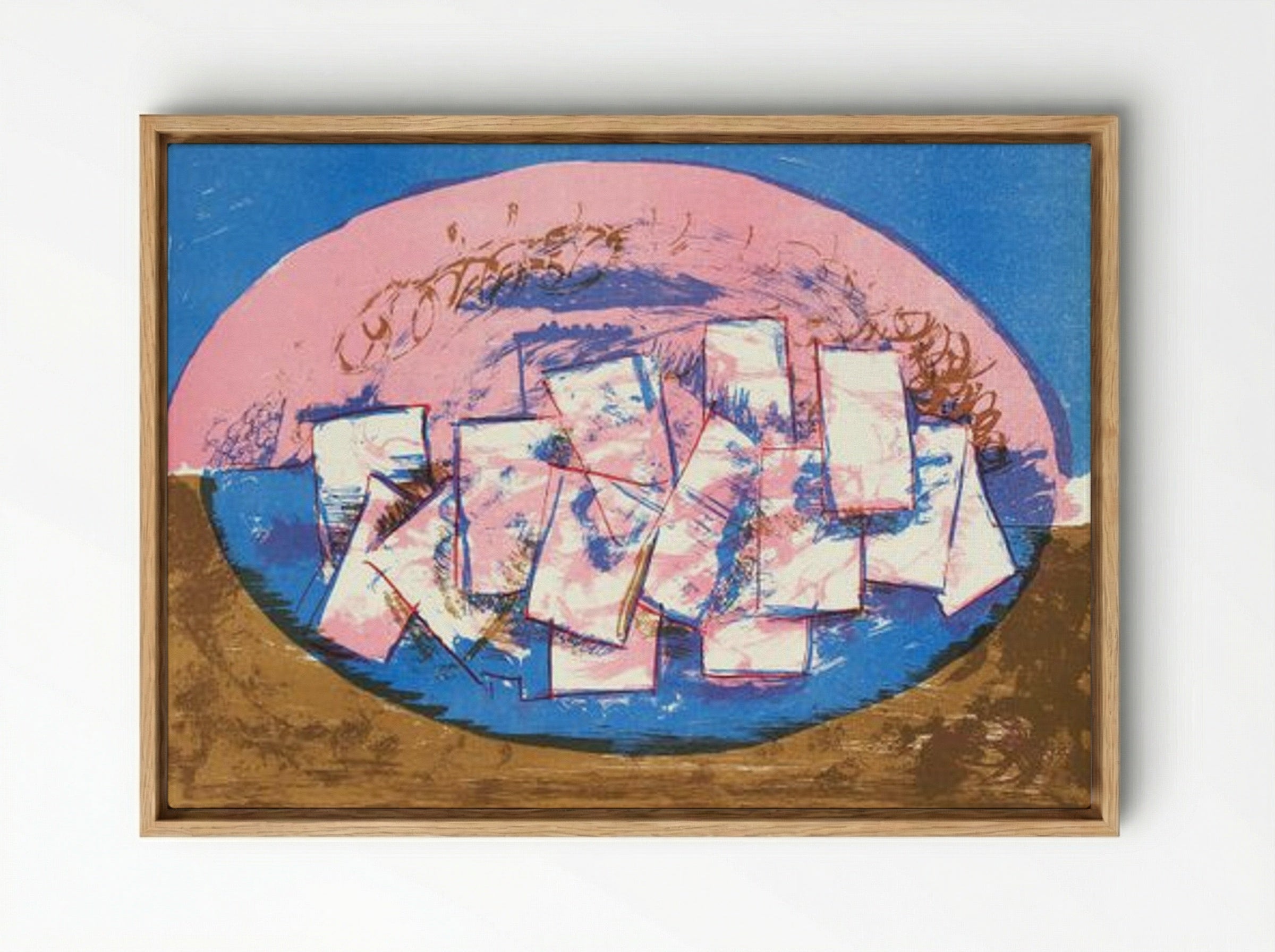 Blue and Pink Ellipse with Squares on Brown and Blue Background - Vilhelm Lundstrøm - Framed Canvas Wood