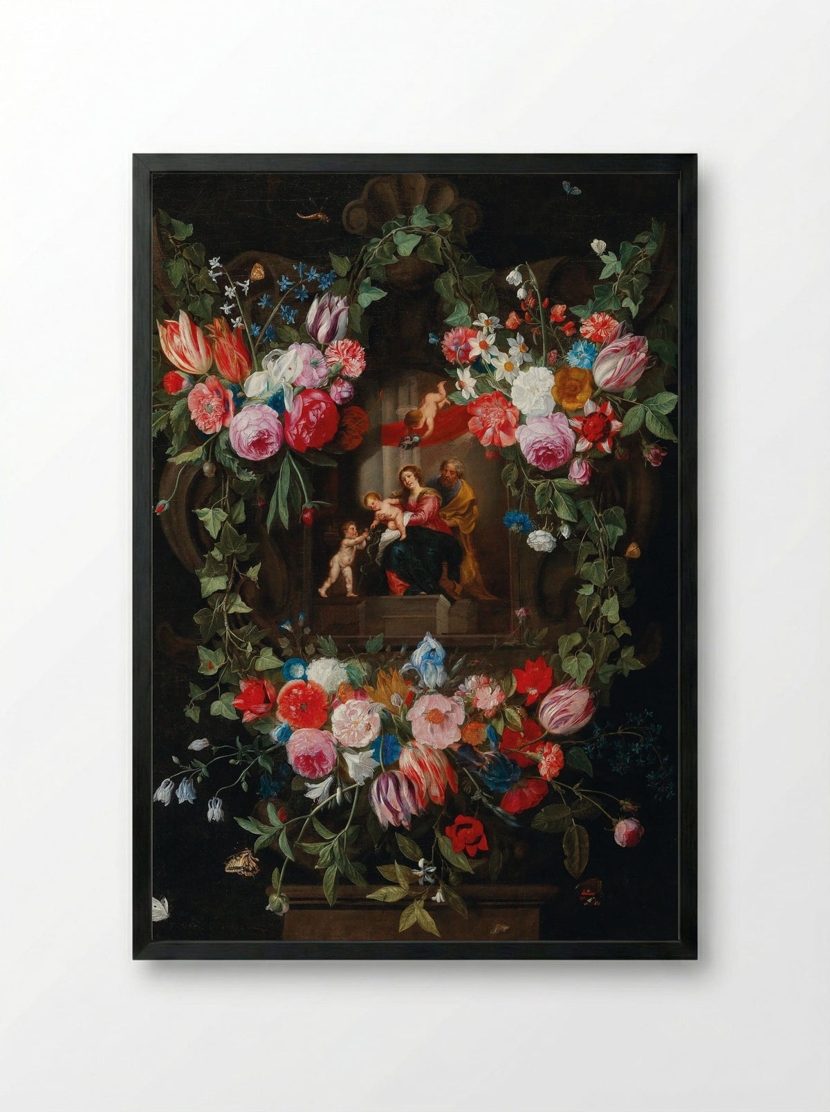A Wreath of Flowers Surrounding a Cartouche with the Holy Family and Putti - Jan van Kessel the Elder - Framed Print Black
