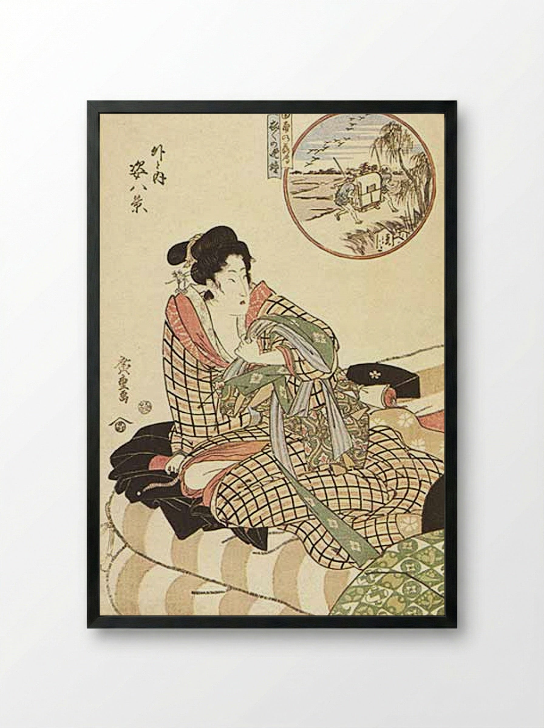 Courtesan Viewing Travellers (Outside and Inside) - Hiroshige - Framed Print Black