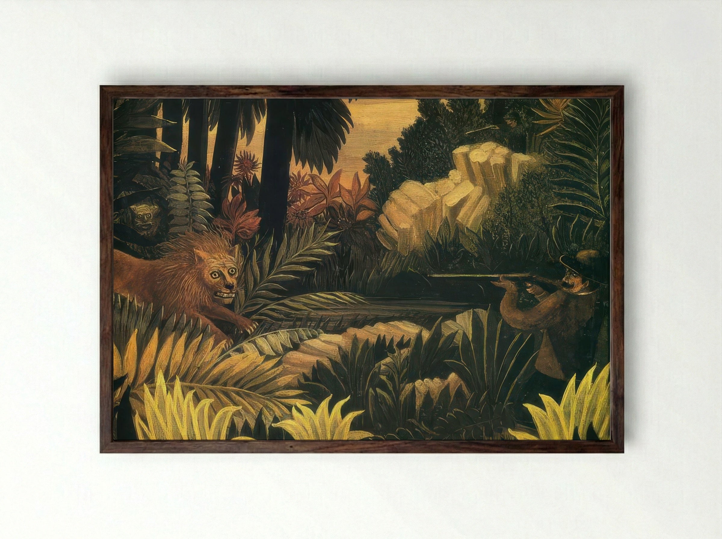The Lion Hunter by Henri Rousseau – Naïve Art Jungle Adventure Print - Framed Print Dark Wood