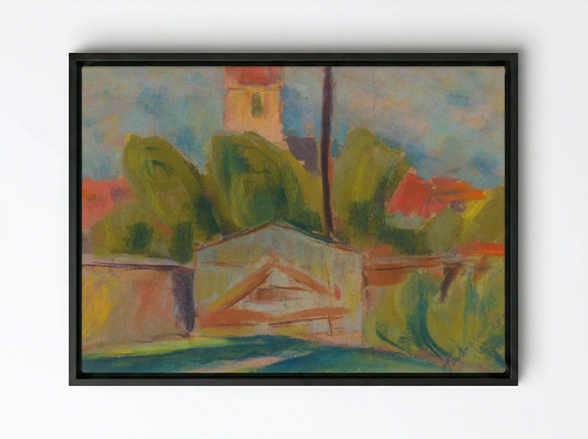 Village with a Church - Zolo Palugyay - Framed Canvas Black