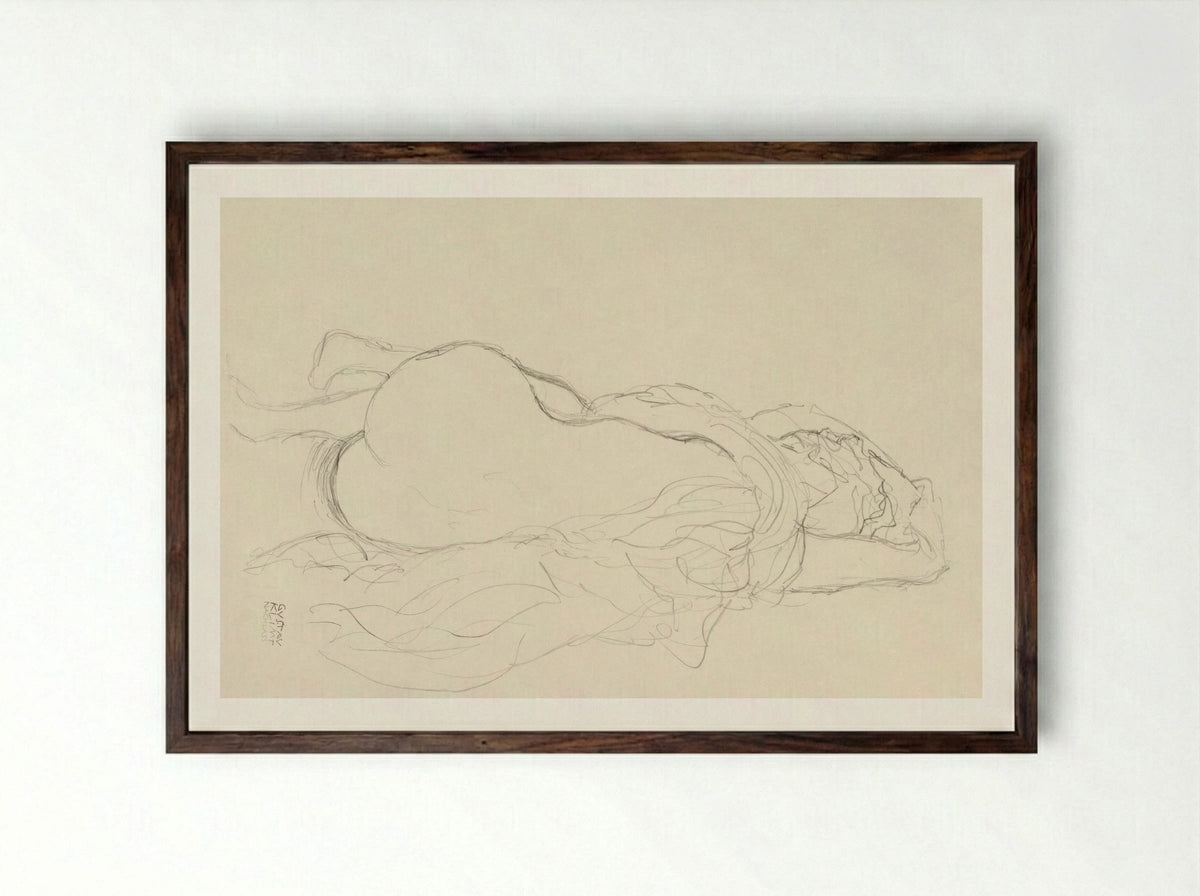 Reclining Nude with Drapery, Back View - Gustav Klimt - Framed Print Dark Wood