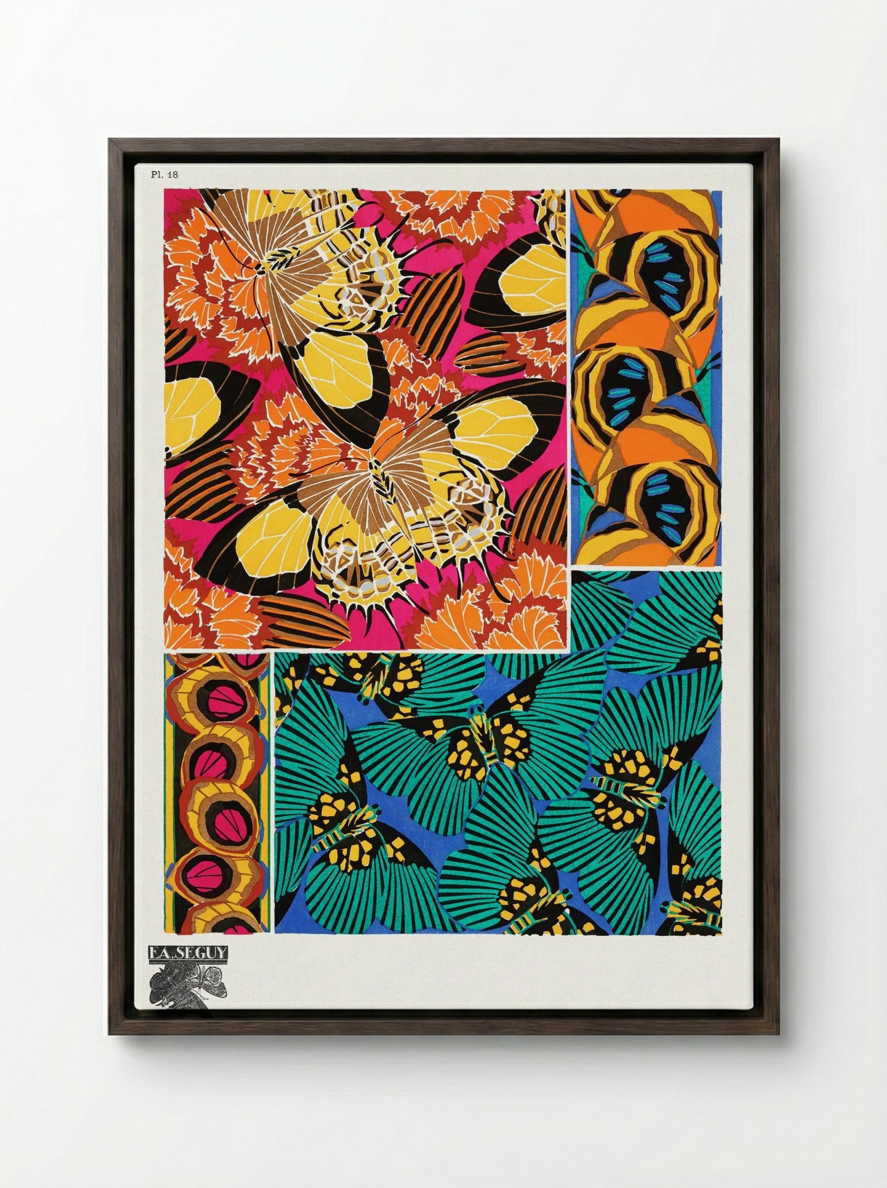 Papillons, Plate 18 (Butterfly Pattern) - Émile-Allain Séguy - Framed Canvas Dark Wood