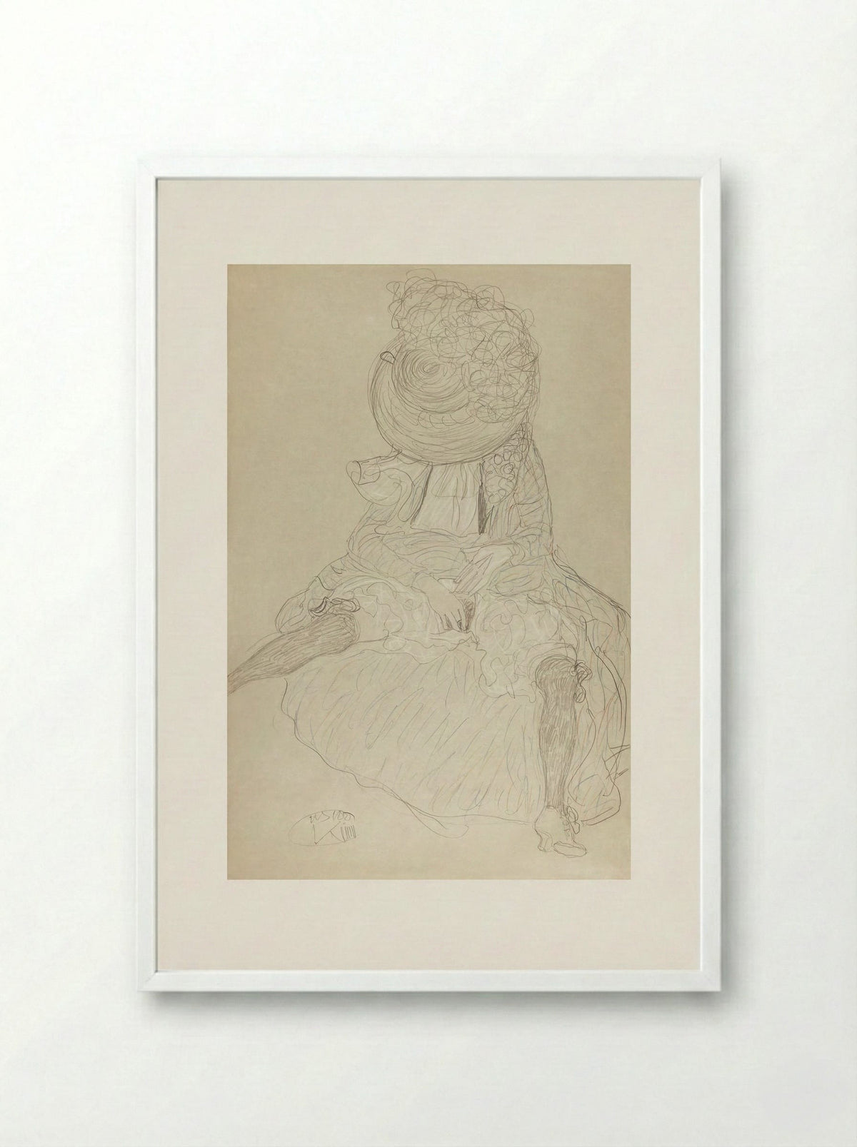 Seated Woman from the Front with Hat, Face Hooded - Gustav Klimt - Framed Print White