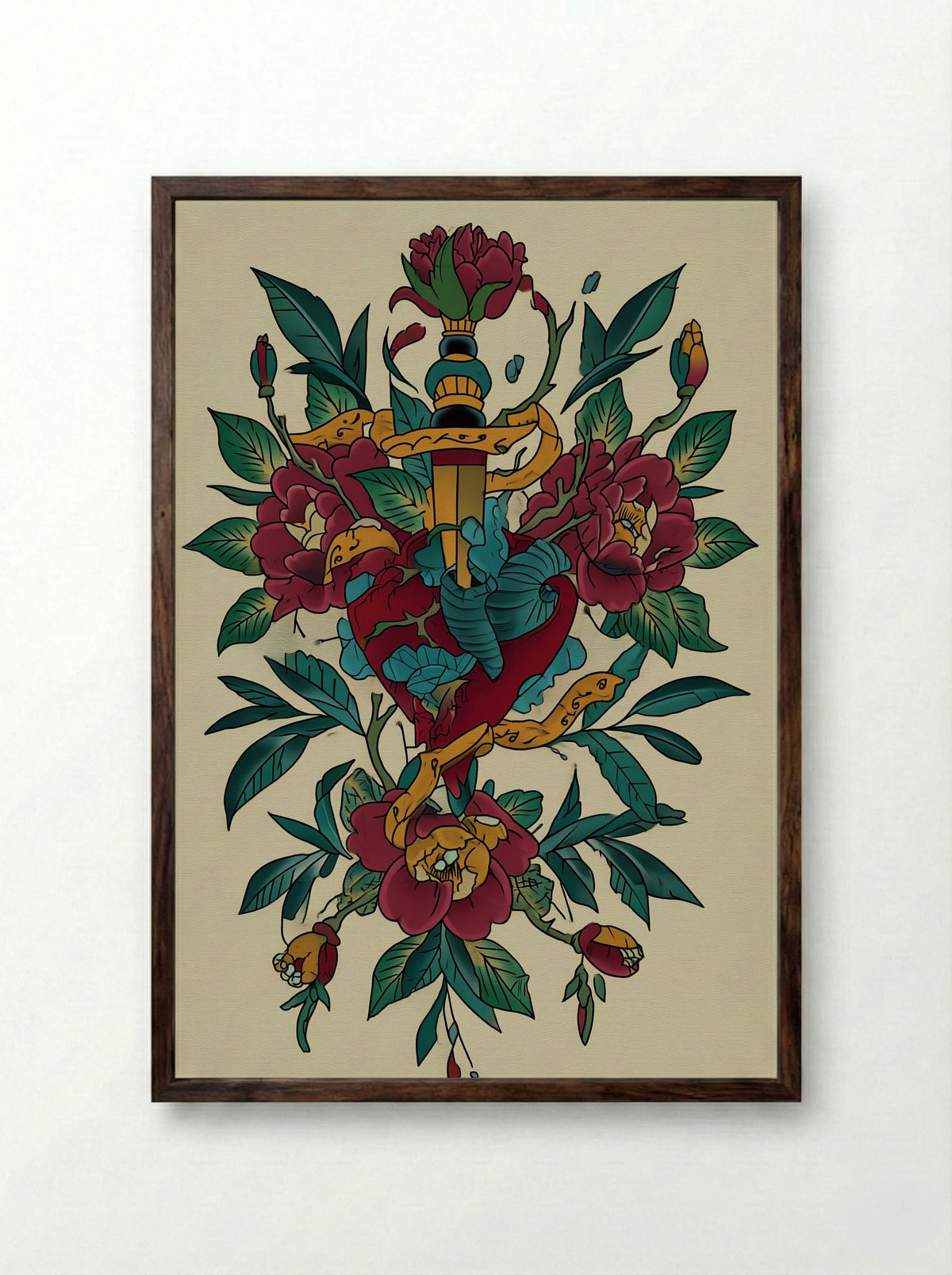 Dagger Through Heart and Flowers - Neo Traditional Tattoo Print - Framed Print Dark Wood