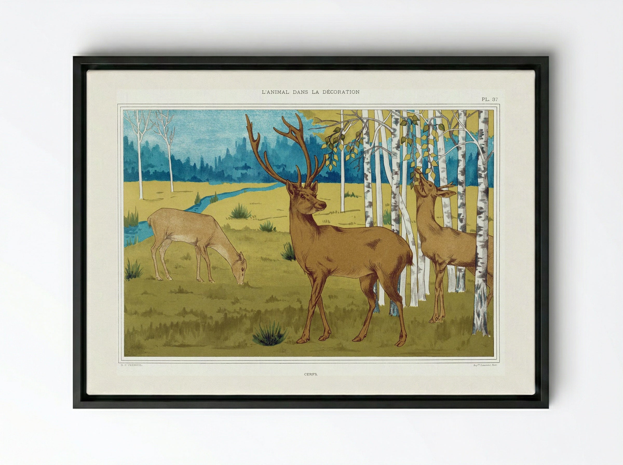 Cerfs (Deer in a Landscape) - Maurice Pillard Verneuil - Framed Canvas Black