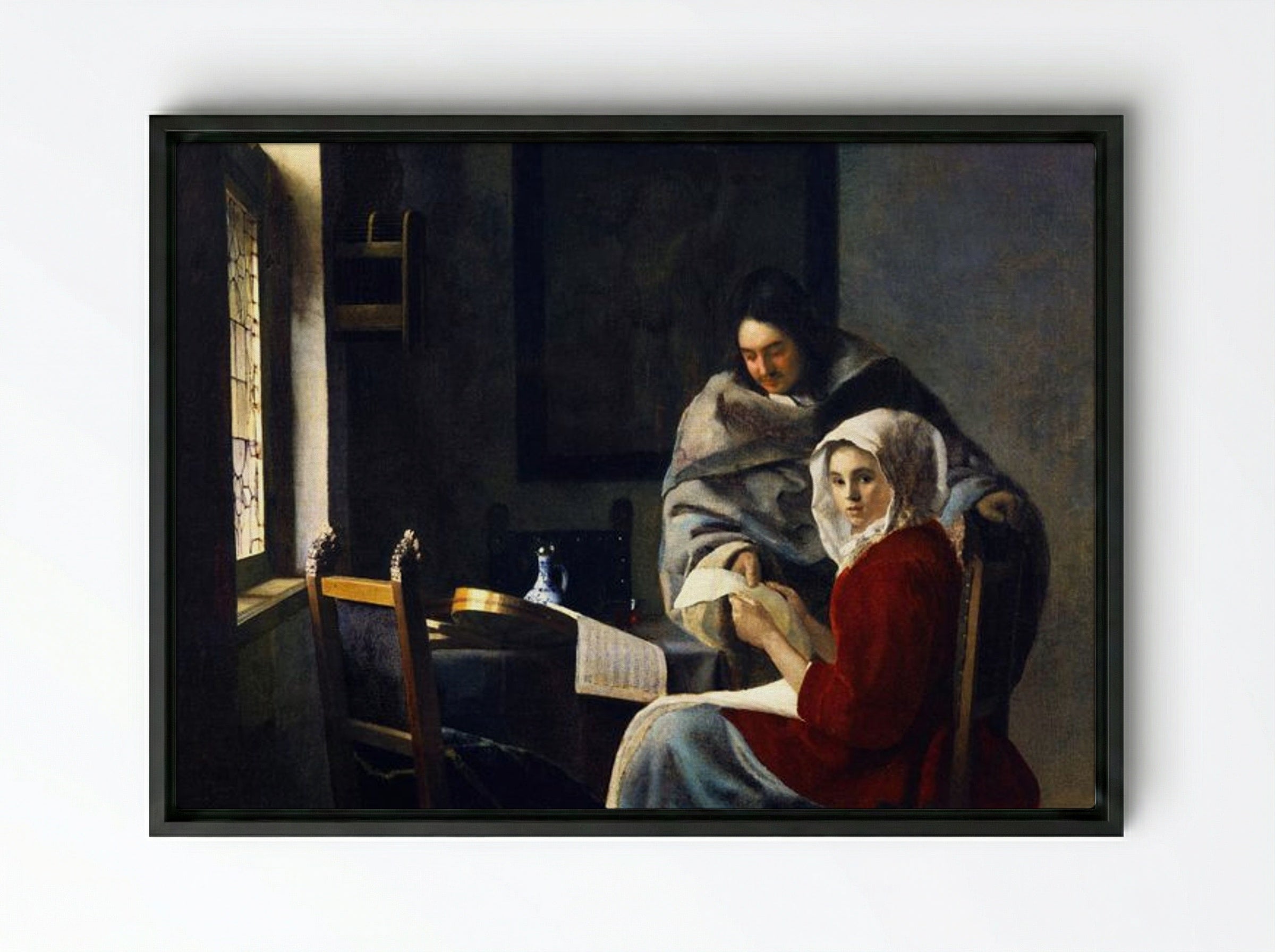 Girl Interrupted at Her Music - Johannes Vermeer - Framed Canvas Black